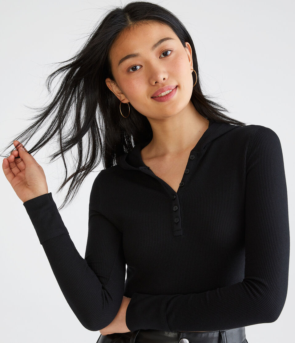 Long Sleeve Cropped Hooded Waffle Henley