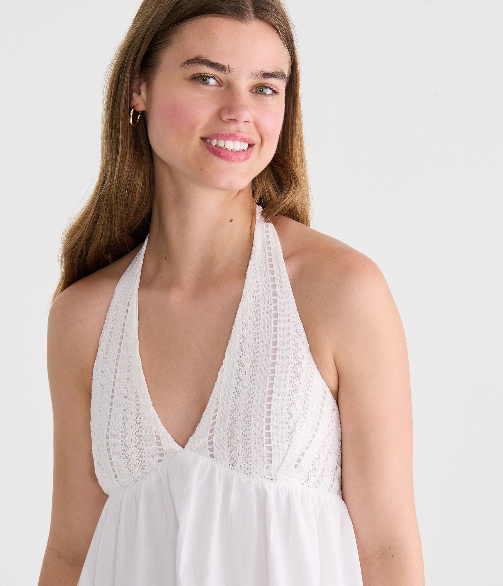 Solid V-Neck Crocheted Halter Mini Dress
