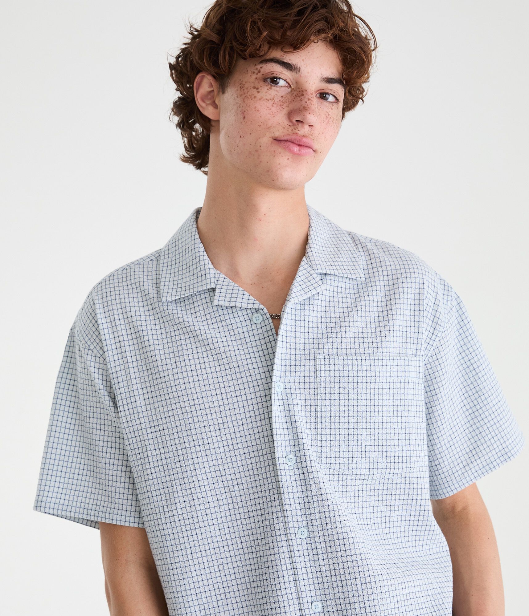 Microplaid Boxy Camp Shirt