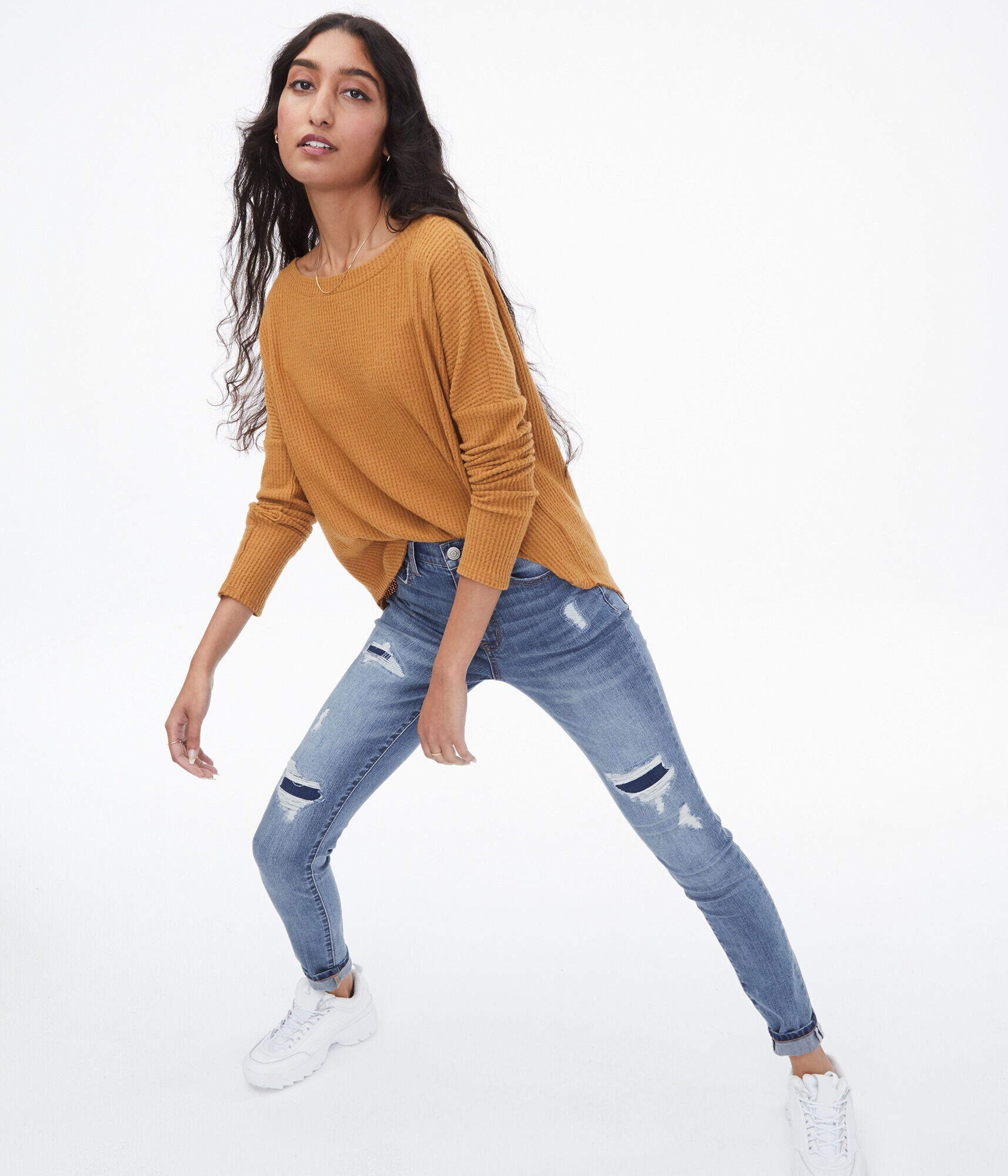 Long Sleeve Waffle-Knit Boat-Neck Top