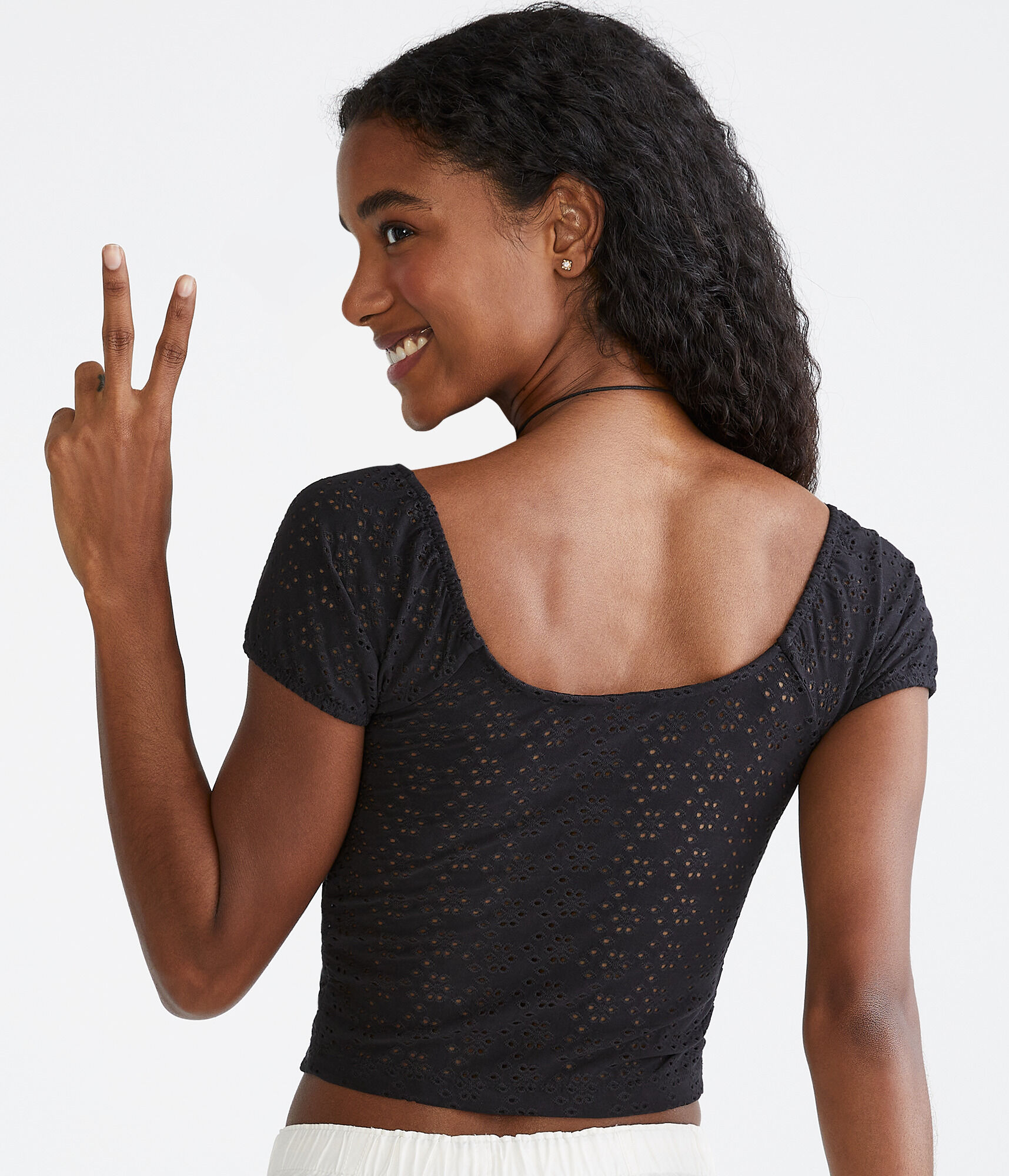 Eyelet Ruched Lace-Trim Crop Top