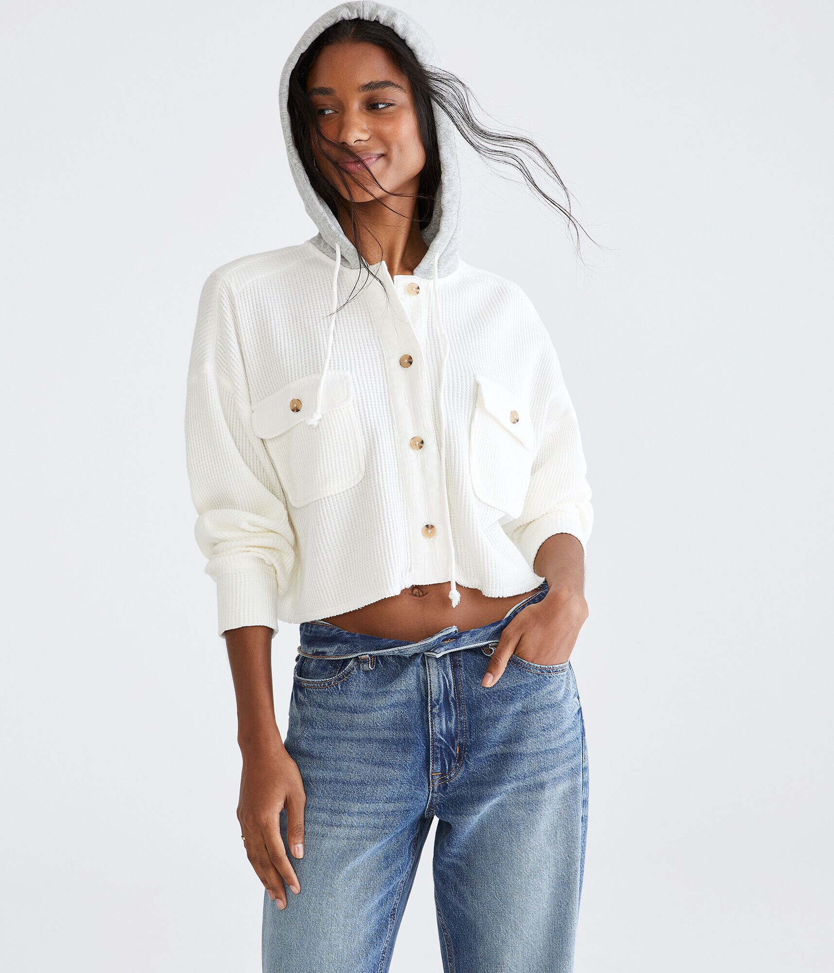 Hooded Waffle-Knit Cropped Jacket