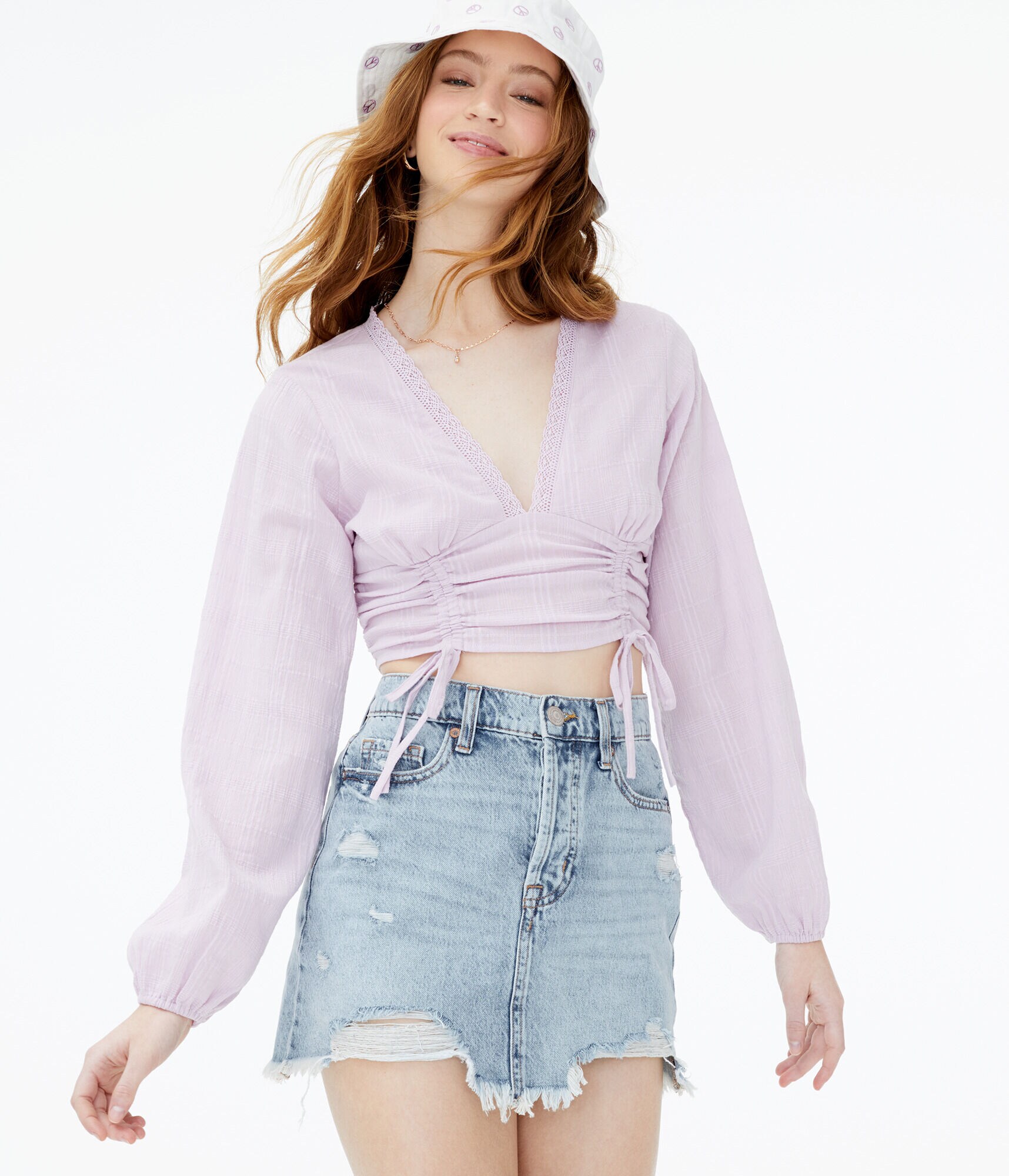 Long Sleeve Double-Cinch V-Neck Crop Top