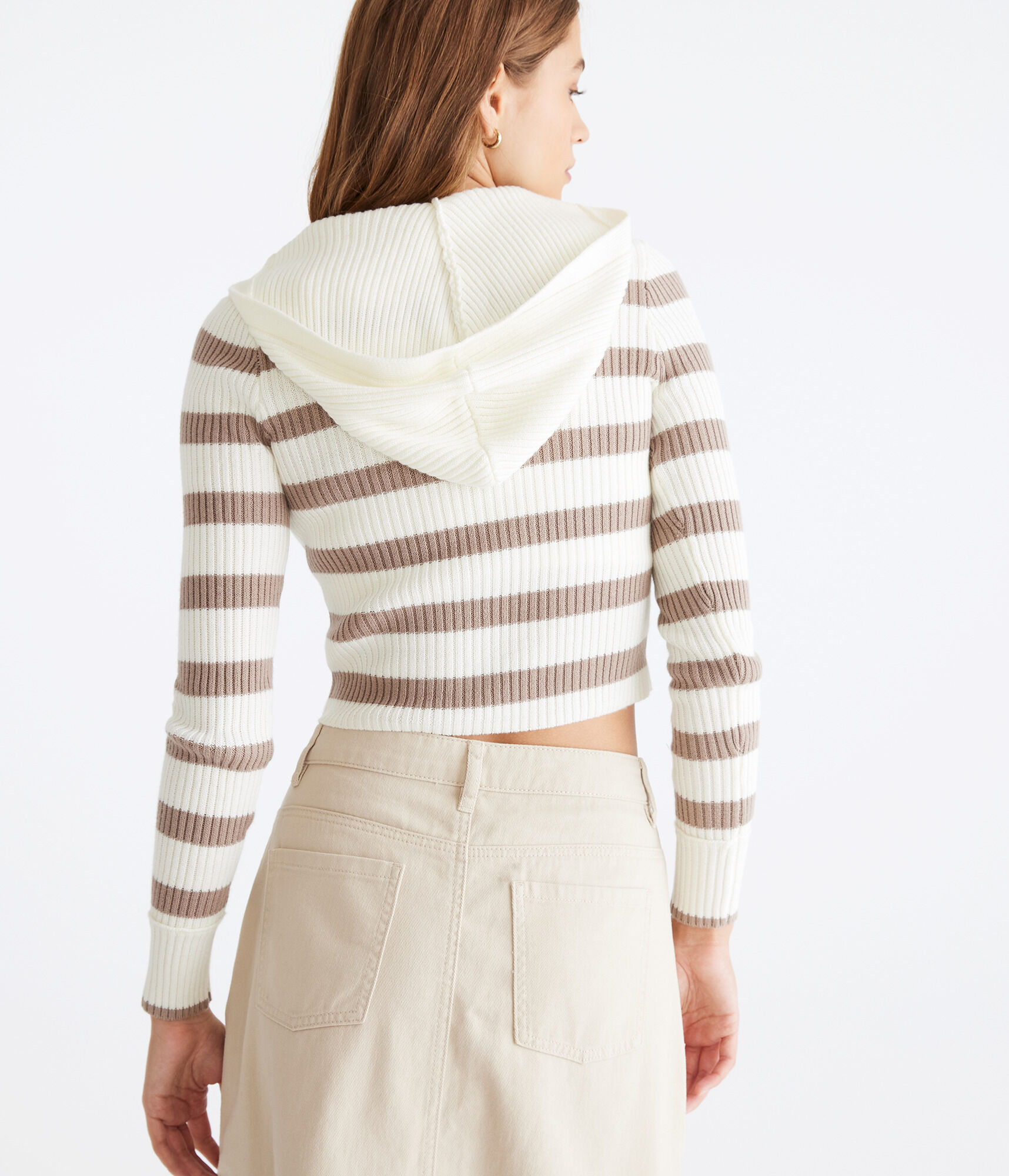 Striped Hooded Cropped Henley Sweater