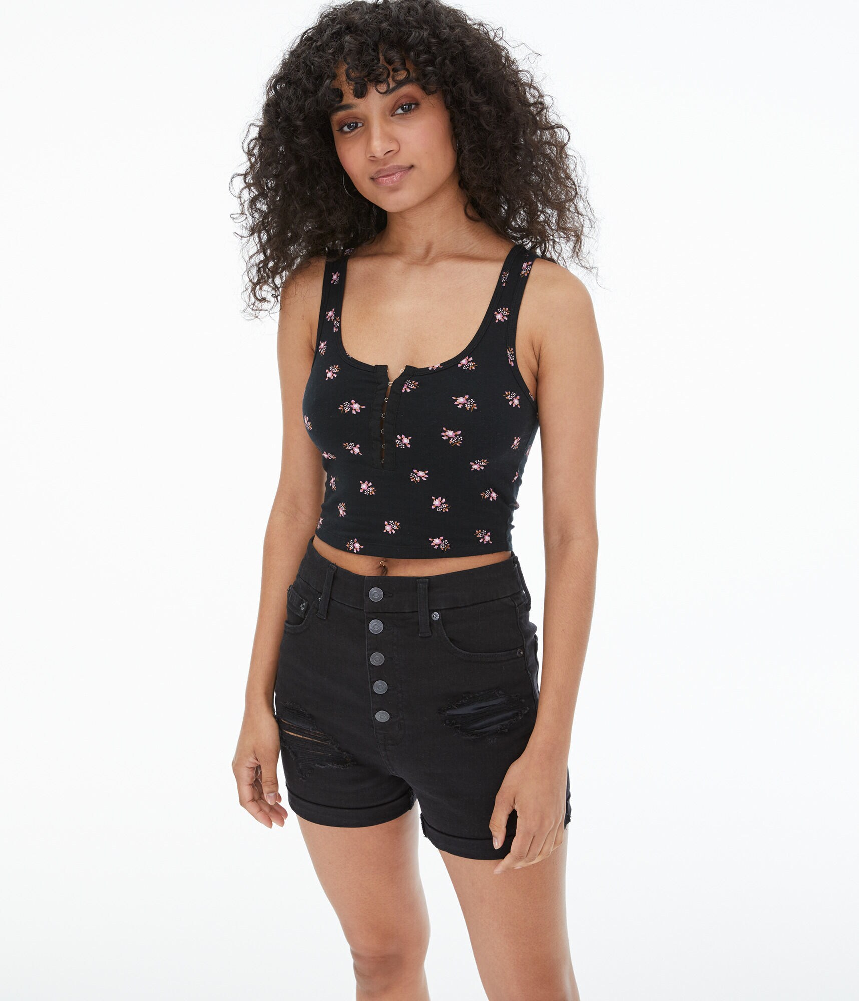 Floral Hook-And-Eye Scoop-Neck Cropped Tank