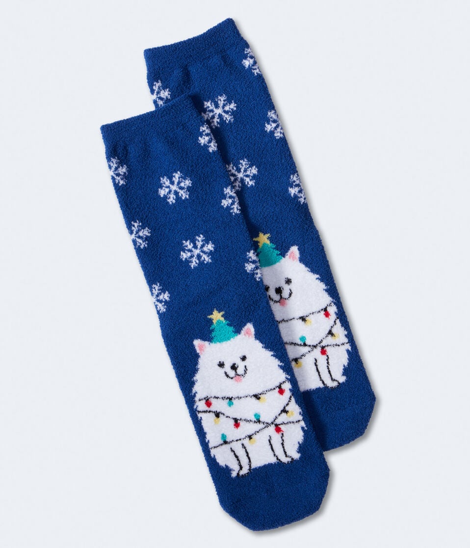 Christmas Lights Dog Fuzzy Crew Socks