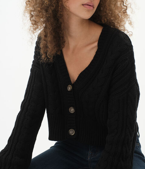 Slouchy Cable Cropped V-Neck Cardigan