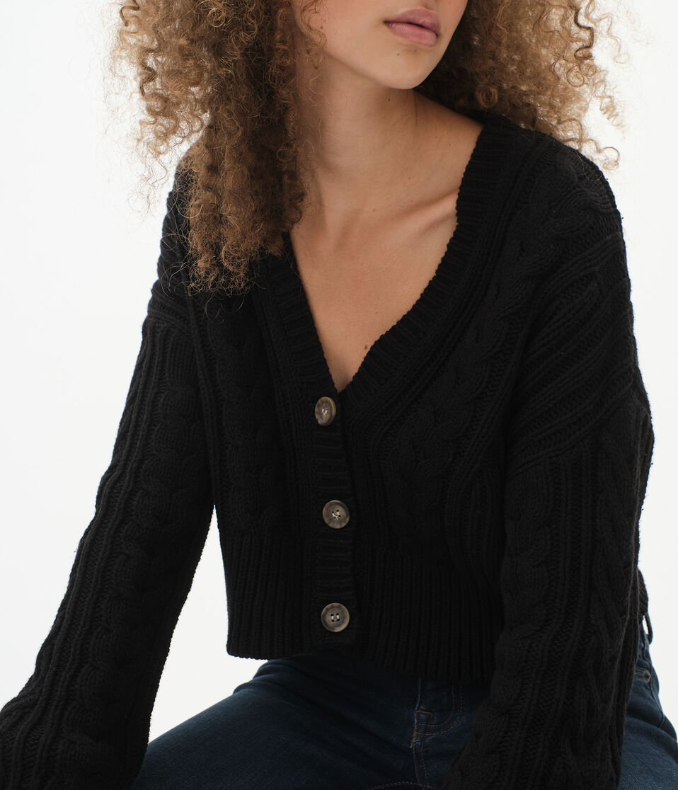 Slouchy Cable Cropped V-Neck Cardigan