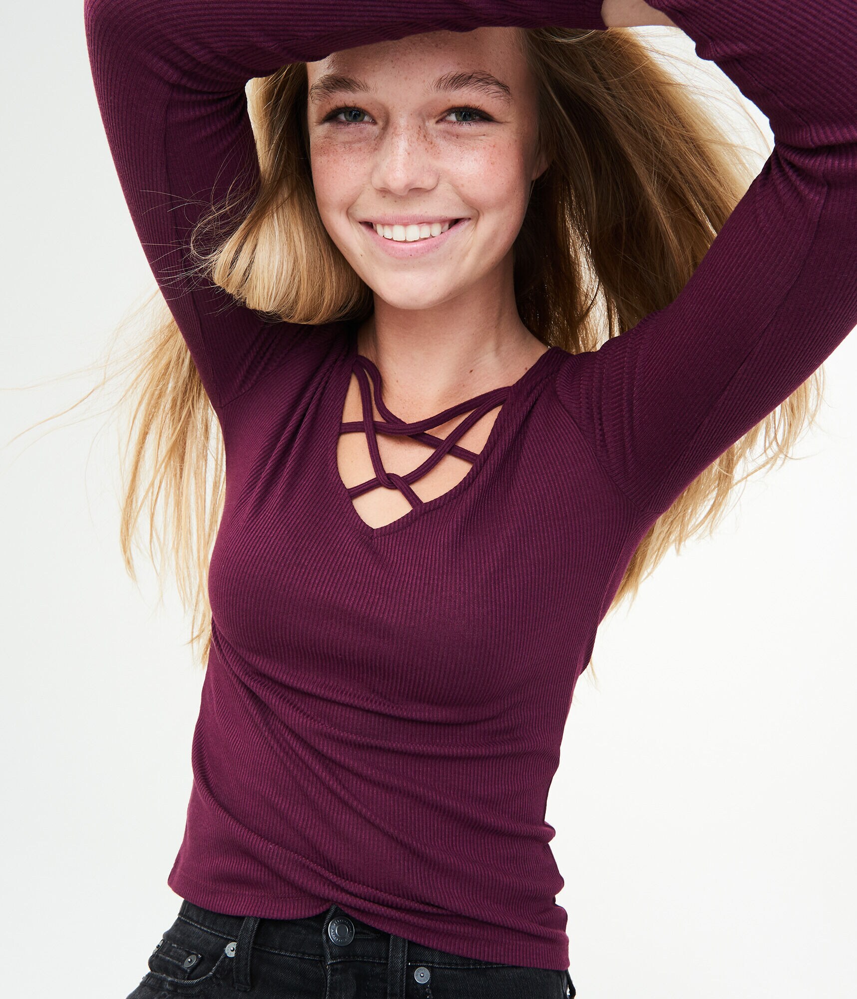 Long Sleeve Solid Lace-Up Bodycon Top