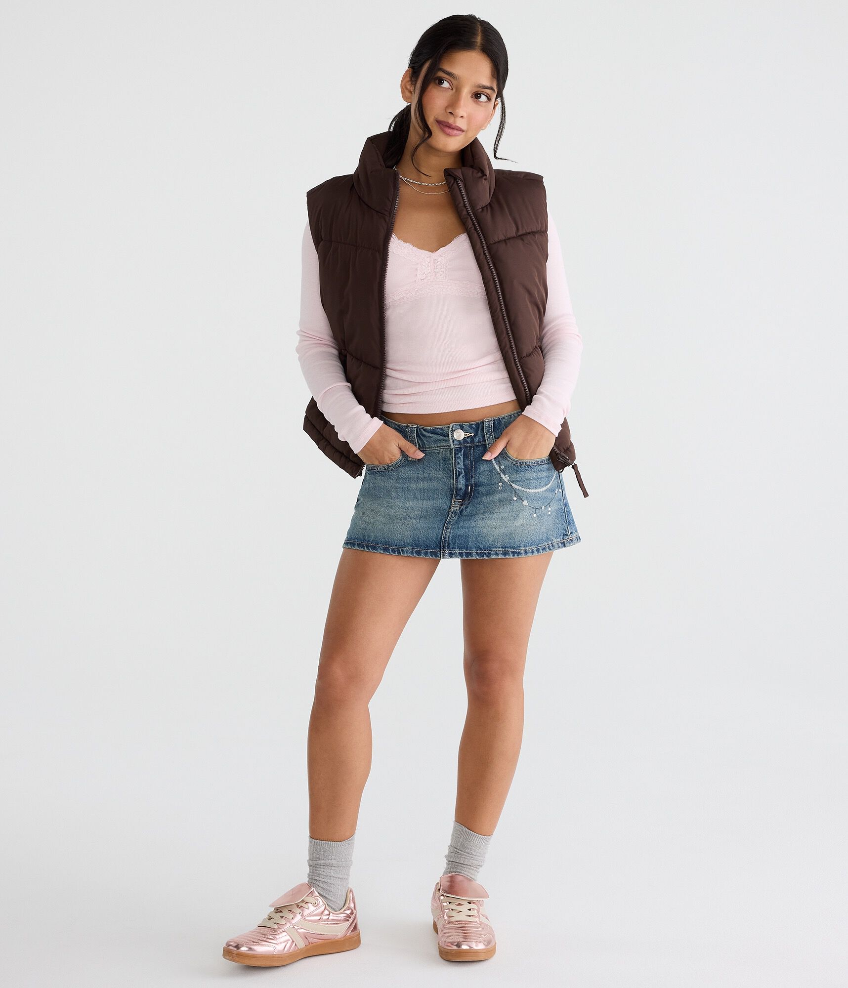 Rhinestone &amp; Pearl Chains Low-Rise Micro Denim Skirt