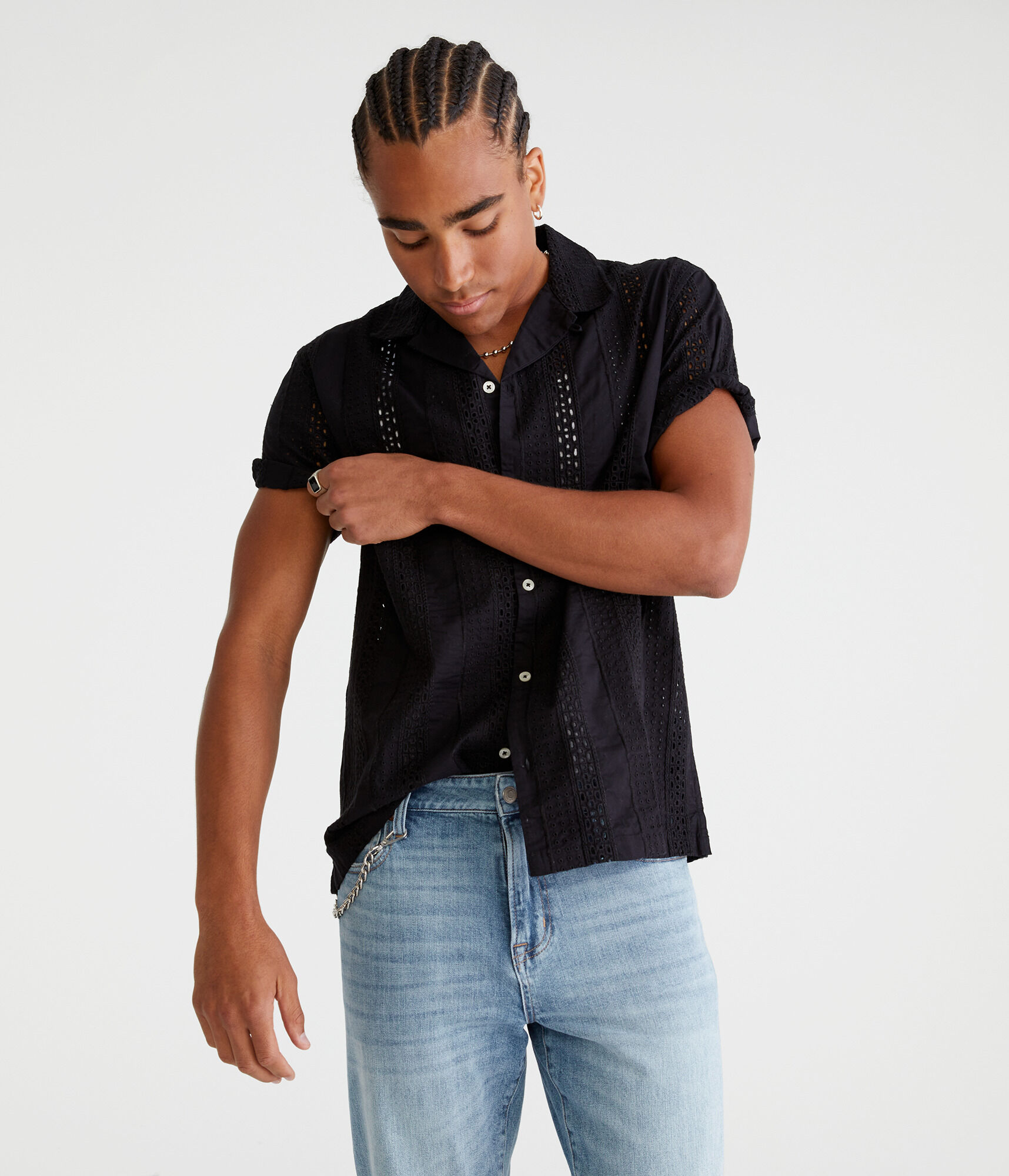 Short Sleeve Textured Eyelet Shirt
