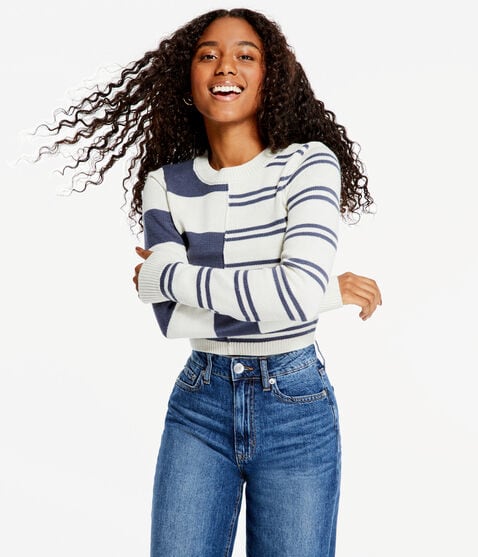 Spliced Stripe Cropped Crew Sweater