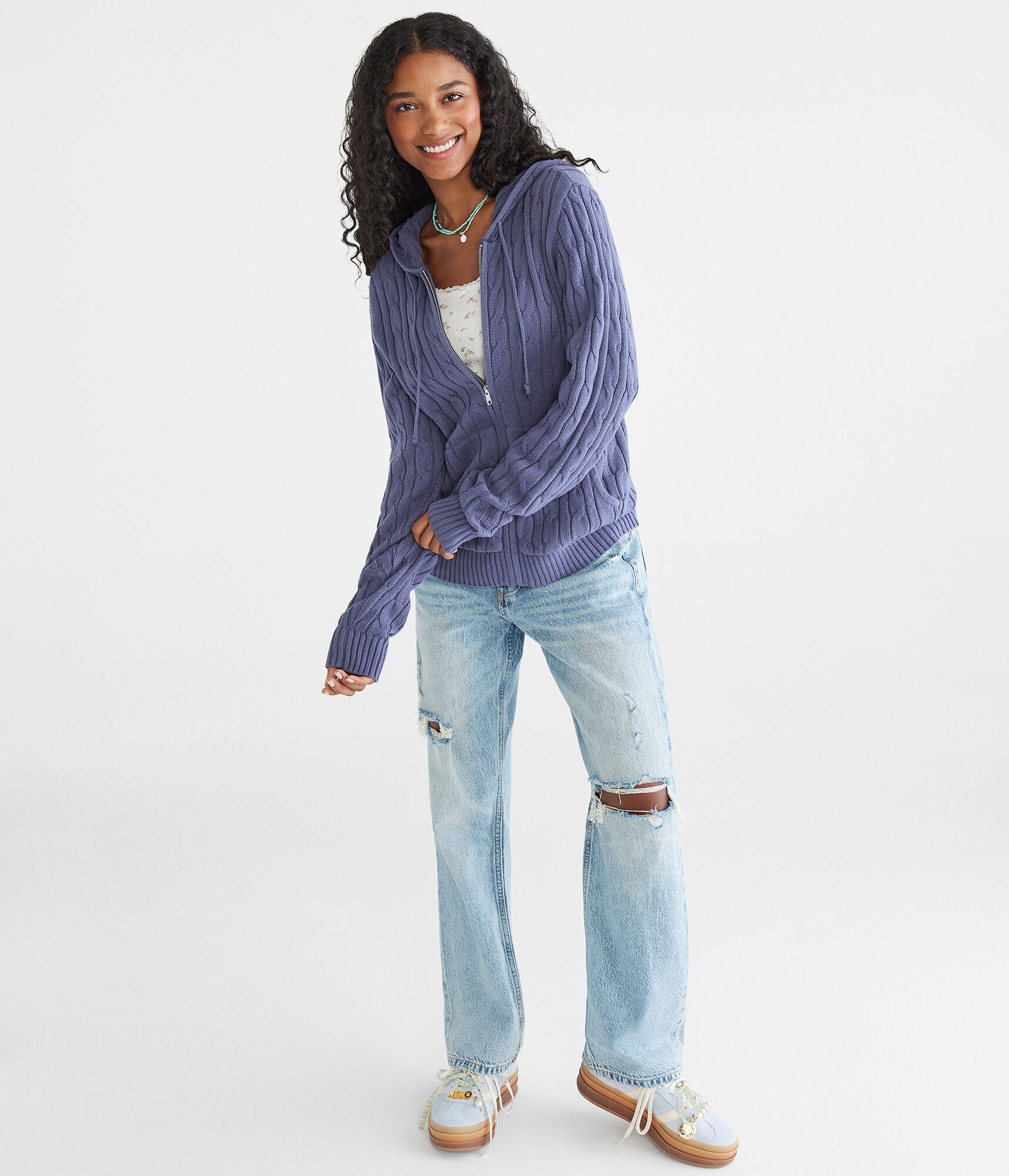 Hooded Full-Zip Cable Cardigan