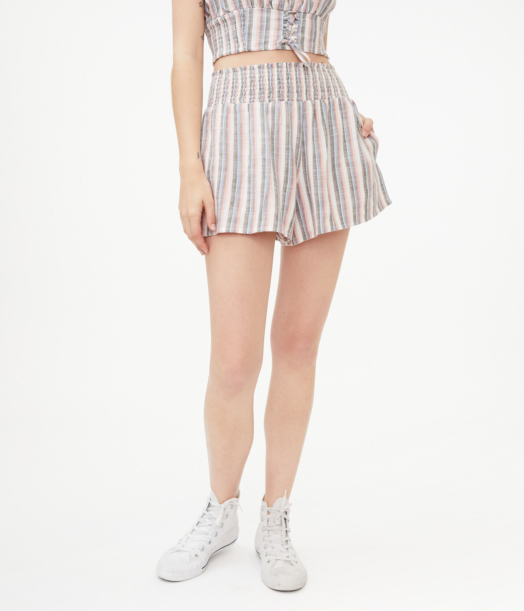 Striped Smocked-Waist Shorts