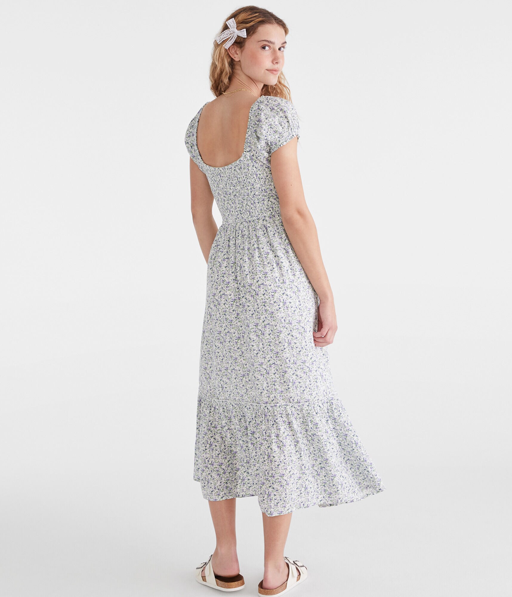 Floral Square-Neck Smocked Midi Dress