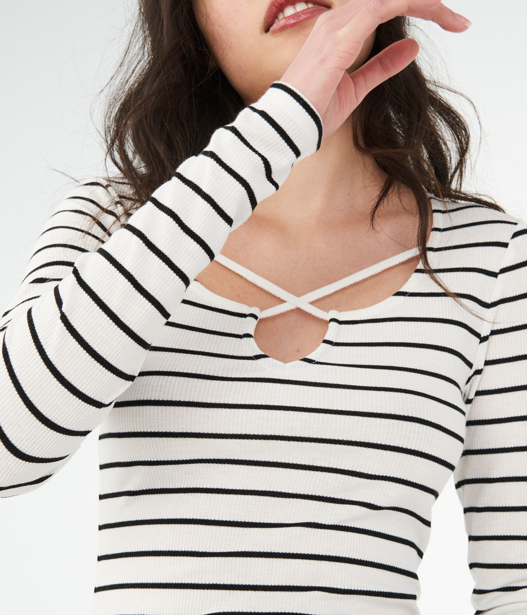 Long Sleeve Striped Crisscross Bodycon Top***