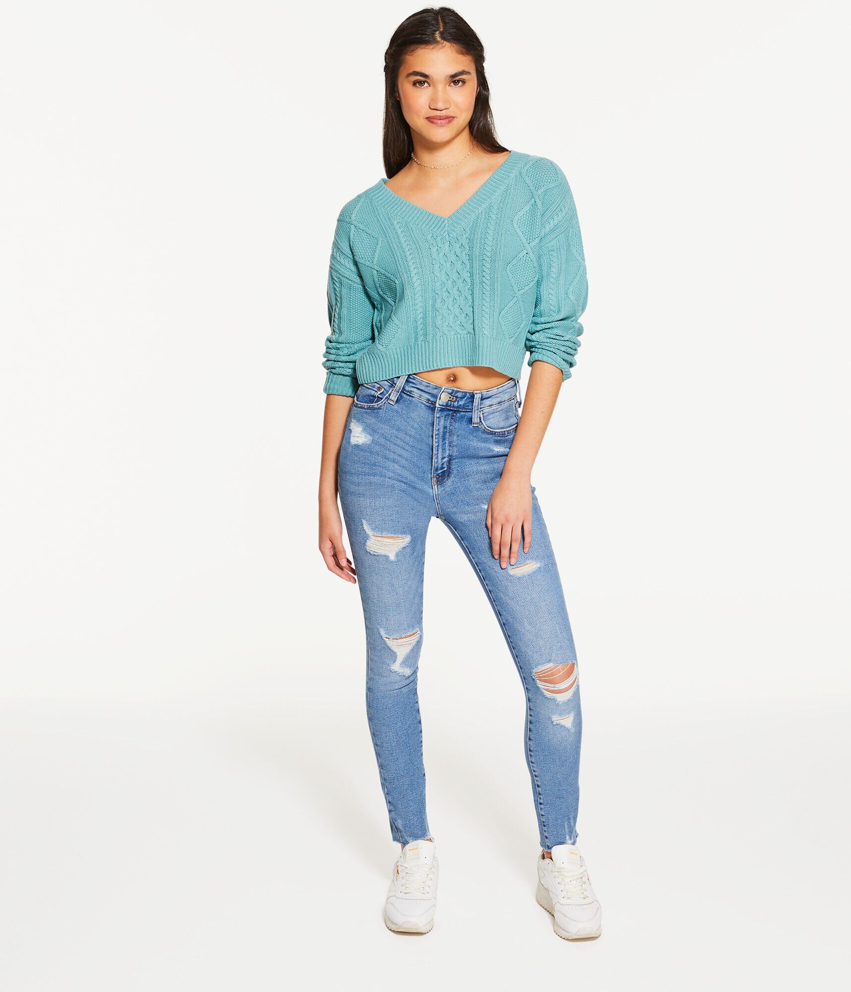 Cable-Knit Cropped V-Neck Sweater
