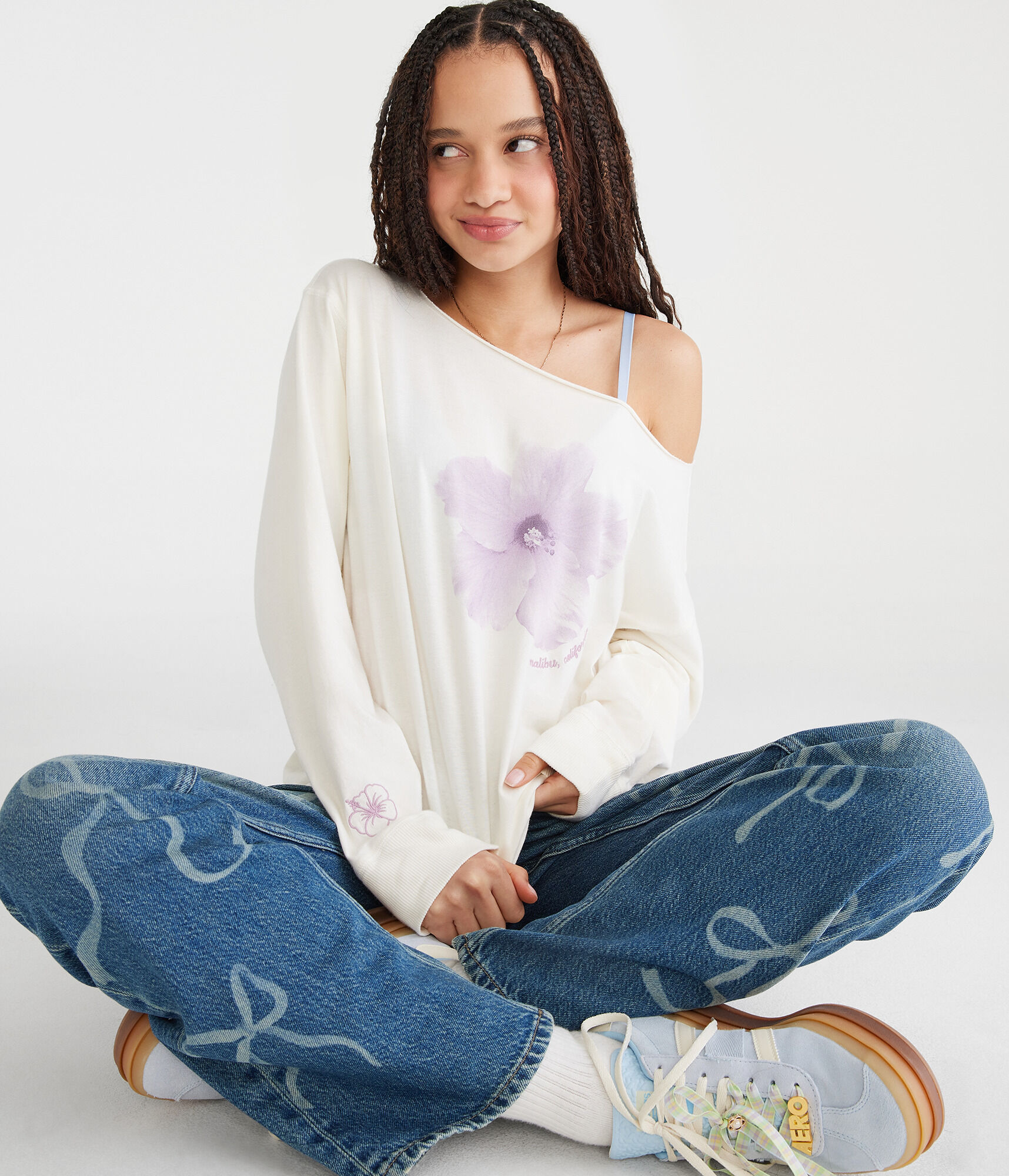 Long Sleeve Seriously Soft Hibiscus Off-The-Shoulder Tee