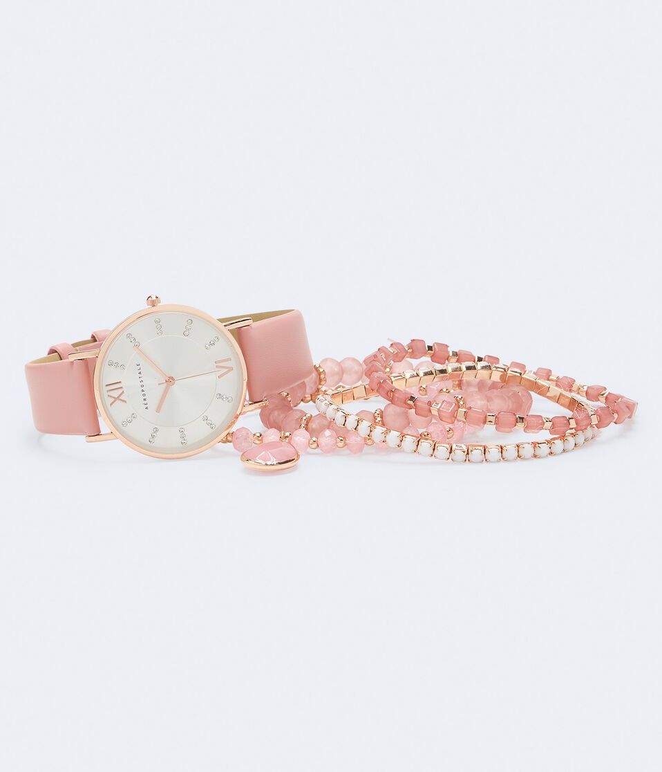 Rhinestone Faux Leather Watch & Bracelet Set