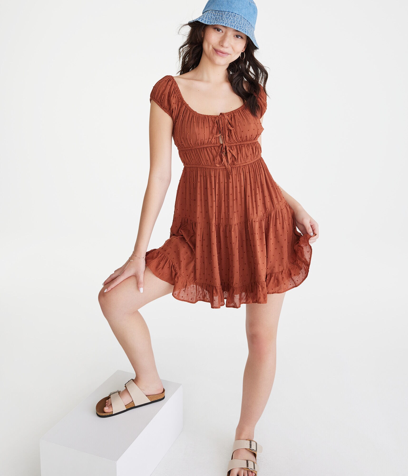 Solid Scoop-Neck Swiss Dot Fit &amp; Flare Dress