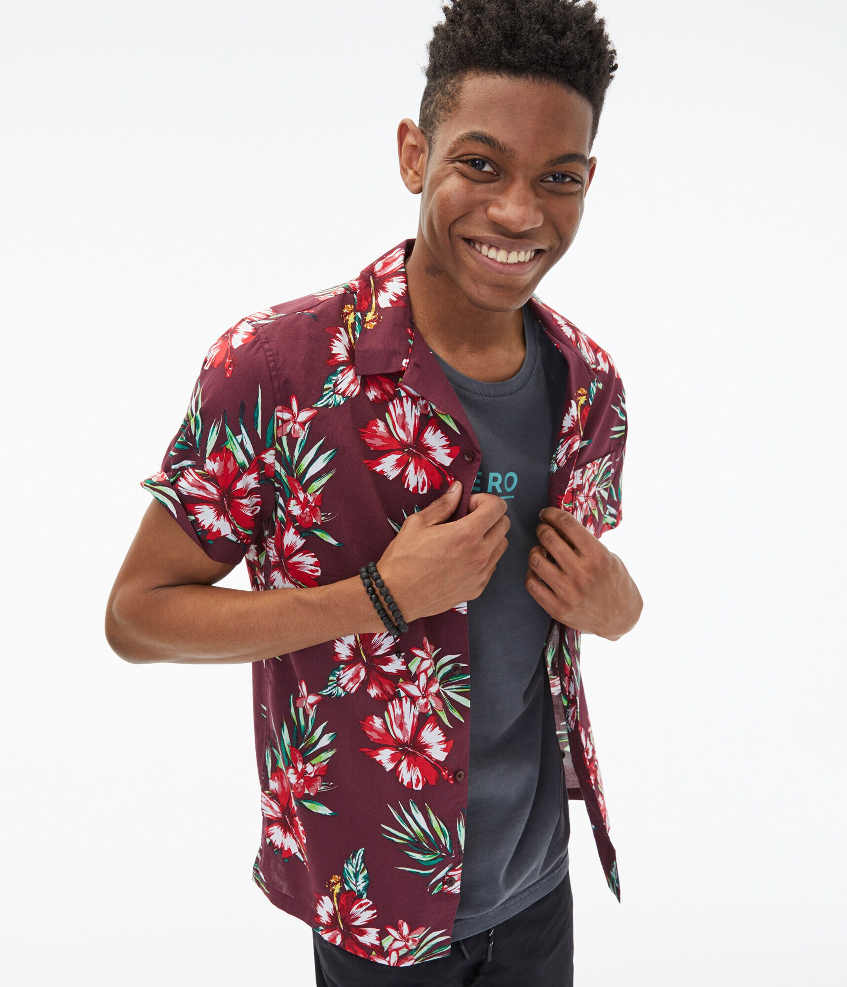 Tropical Print Button-Down Resort Shirt