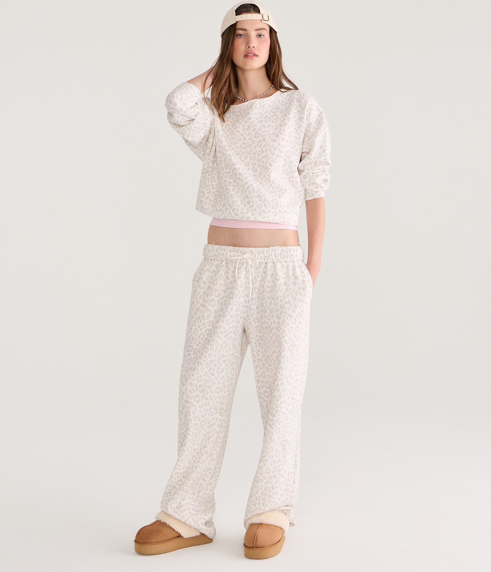 Cloud Soft Snow Leopard Print Oversized Off-The-Shoulder Sweatshirt