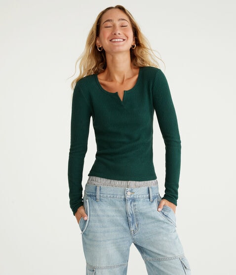 Long Sleeve Waffle Notch-Neck Shrunken Tee Long Sleeve Waffle Notch-Neck Shrunken Tee