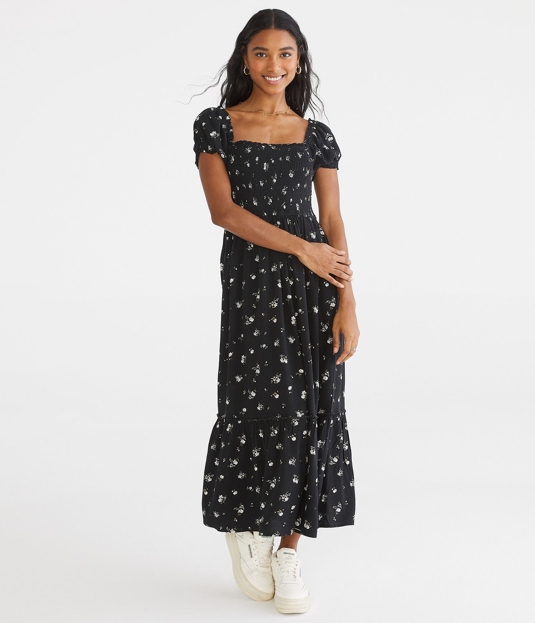 Floral Square-Neck Tiered Midi Dress Floral Square-Neck Tiered Midi Dress