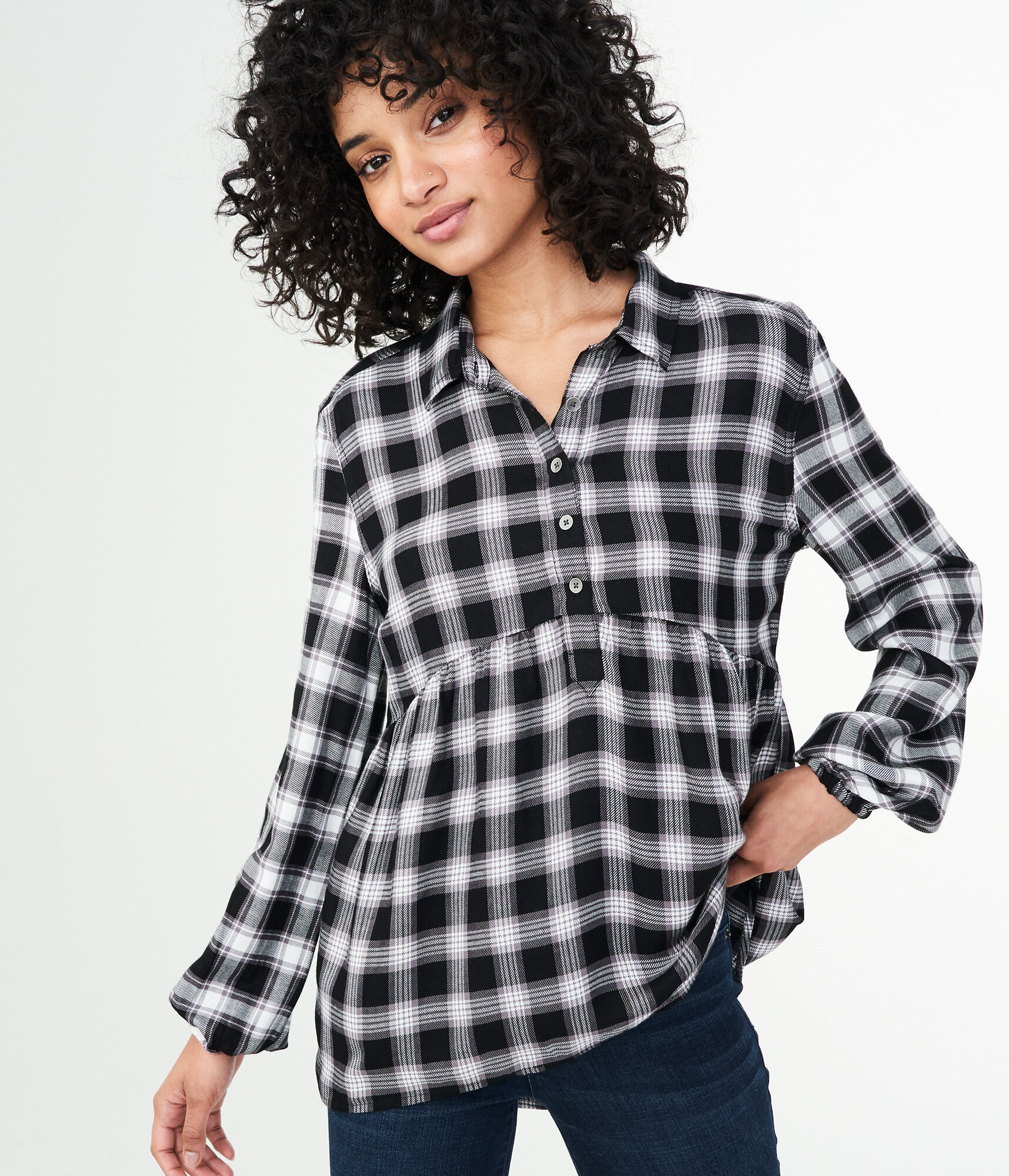 Long Sleeve Plaid Babydoll Woven Top