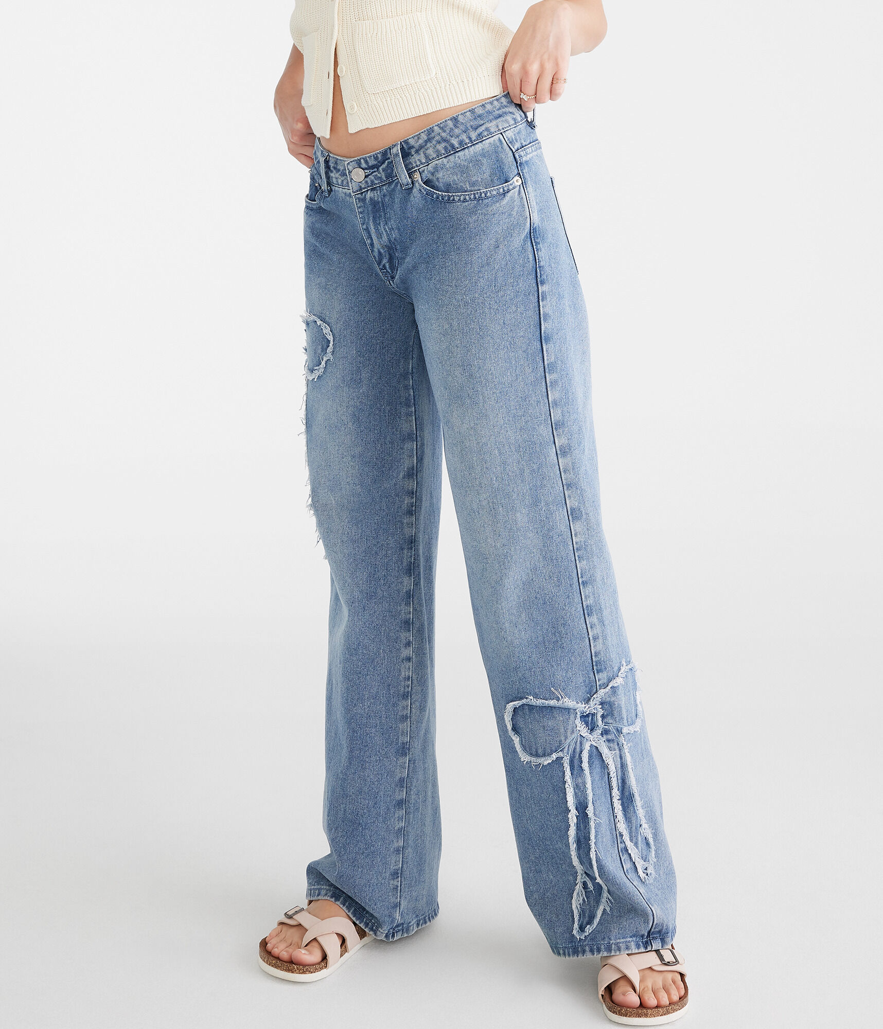 Low-Rise Baggy Wide Leg Frayed Bows Jean