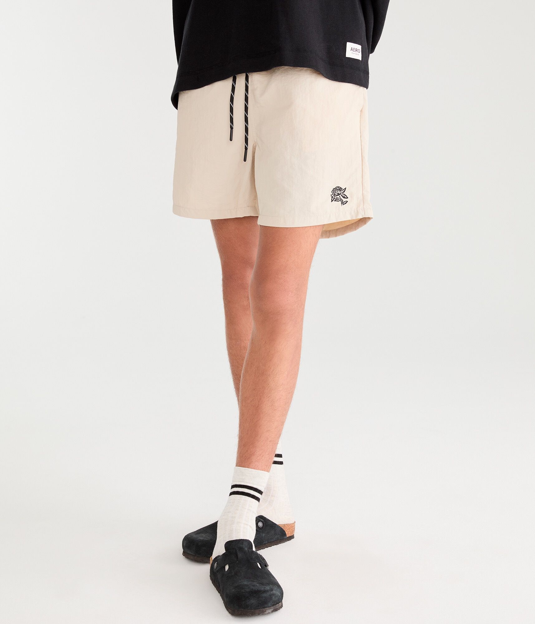 Embroidered Rose Nylon Shorts 6"