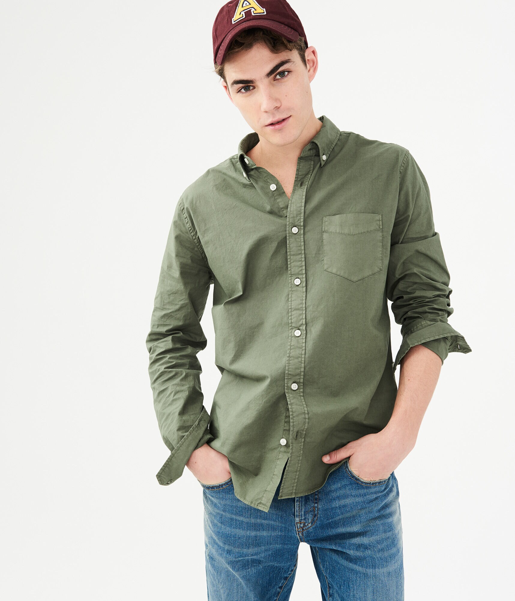 Long Sleeve Solid Stretch Woven Shirt