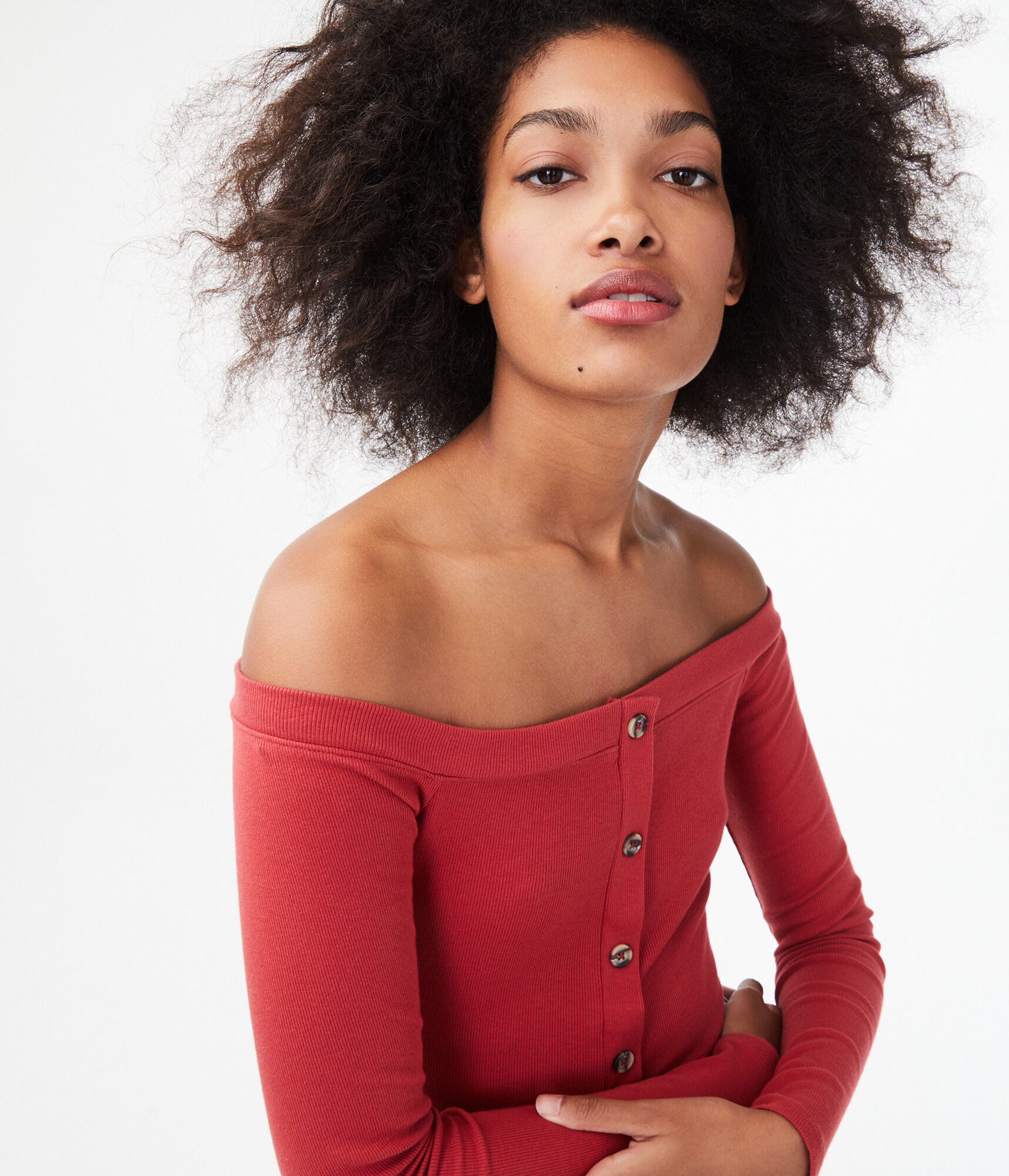 Seriously Soft Button-Front Off-The-Shoulder Top***
