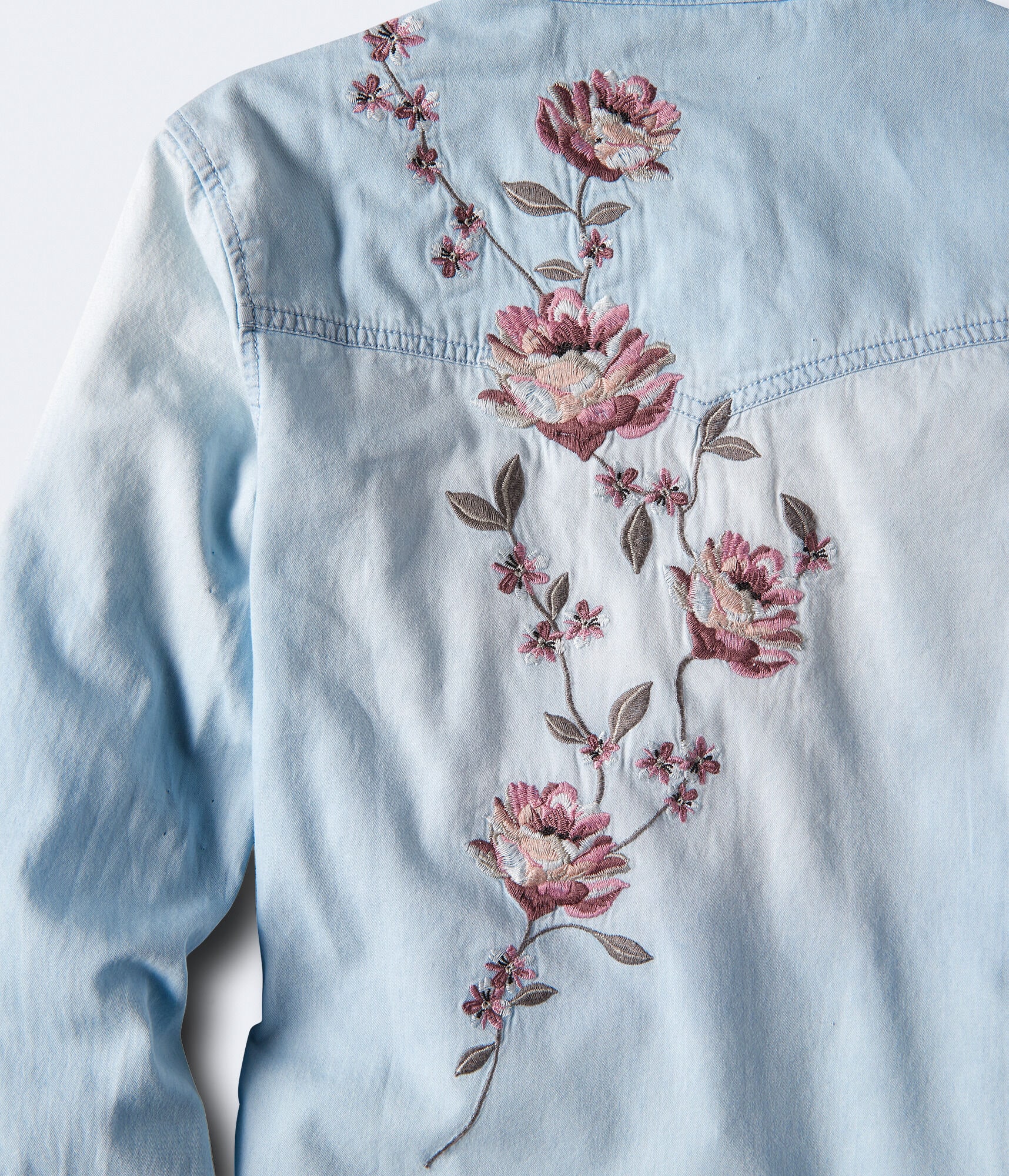 Long Sleeve Embroidered Floral Chambray Woven Shirt