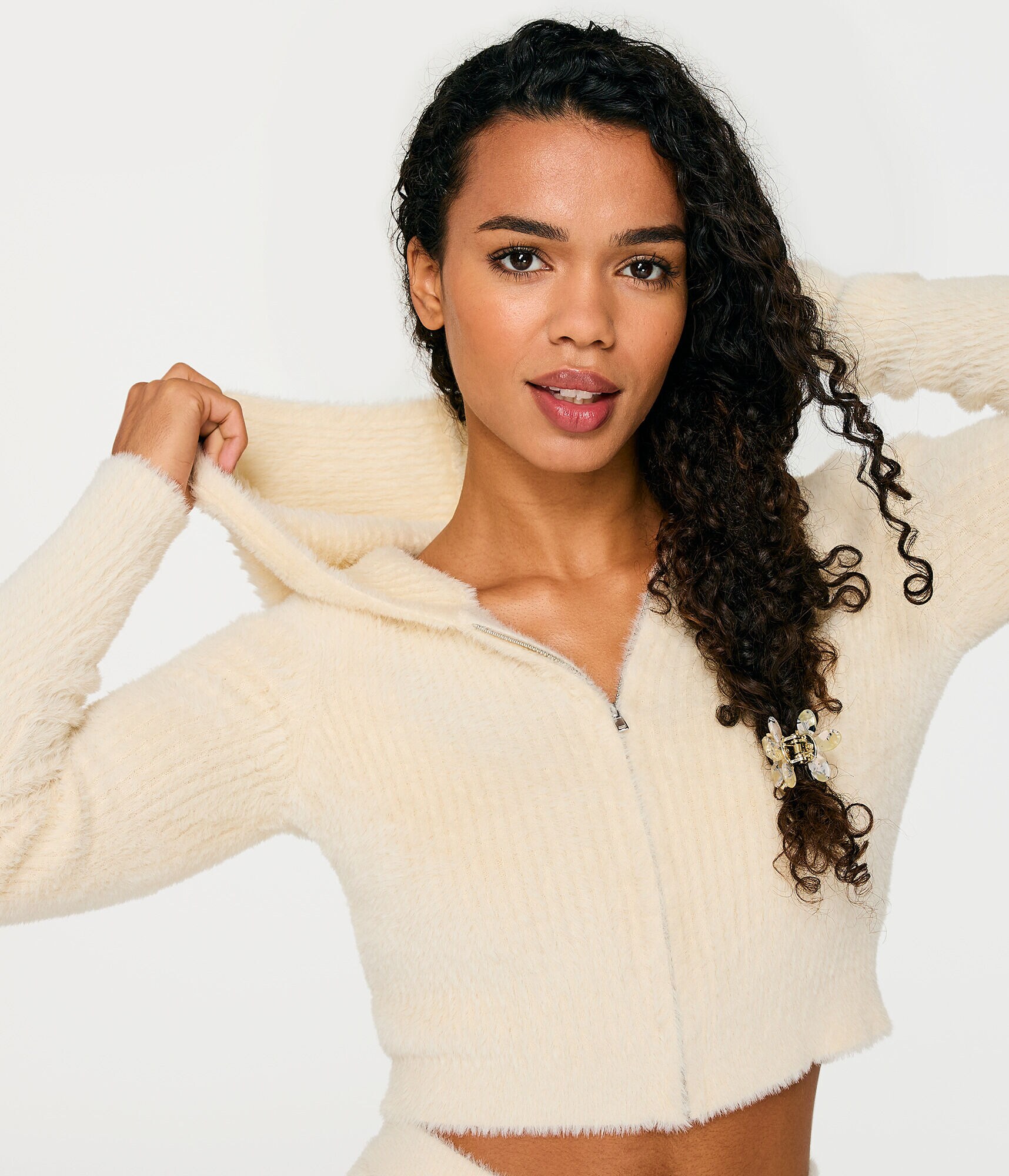 Fuzzy Cropped Full-Zip Hoodie