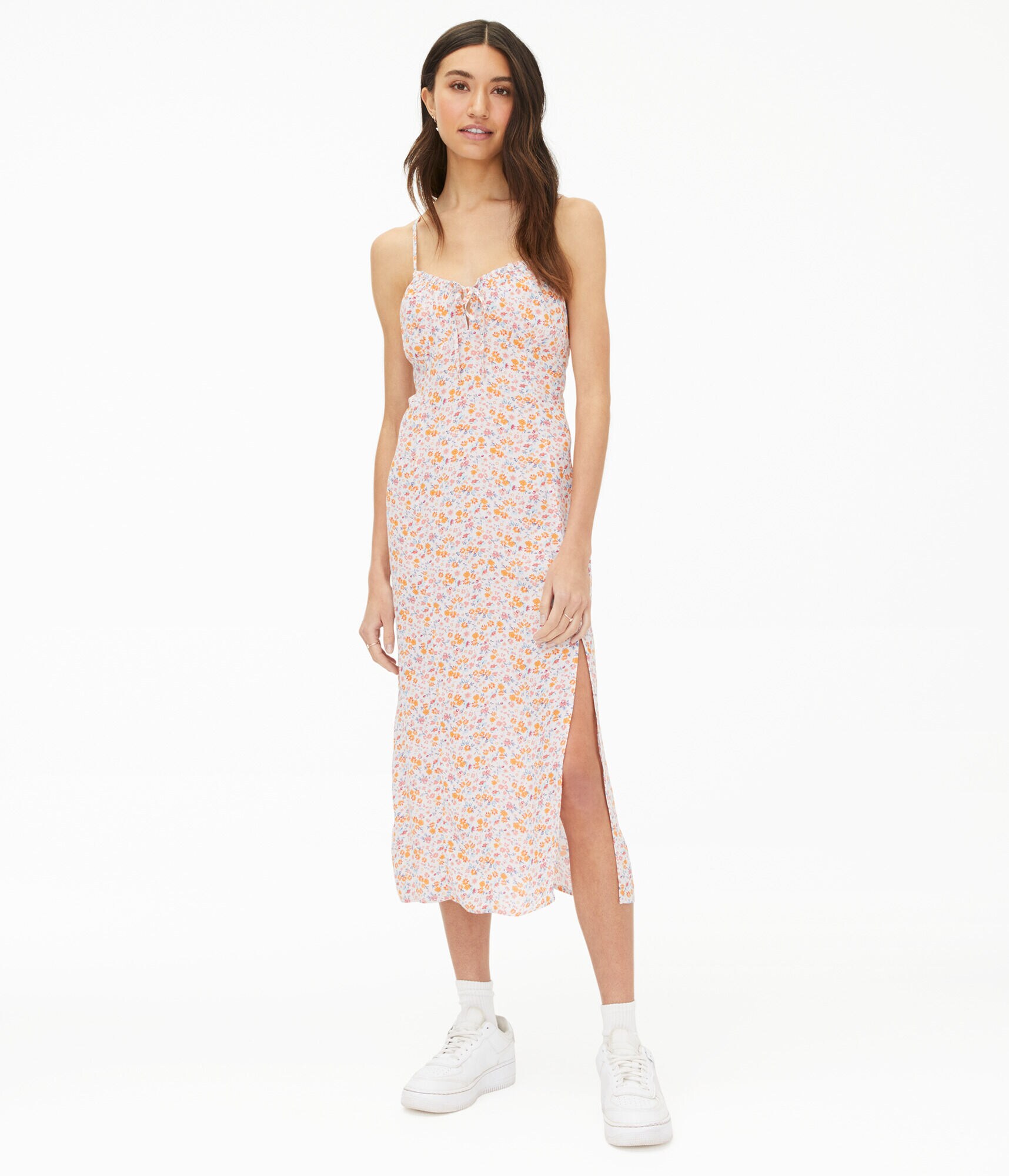 Floral Notch-Neck Tie-Front Midi Dress