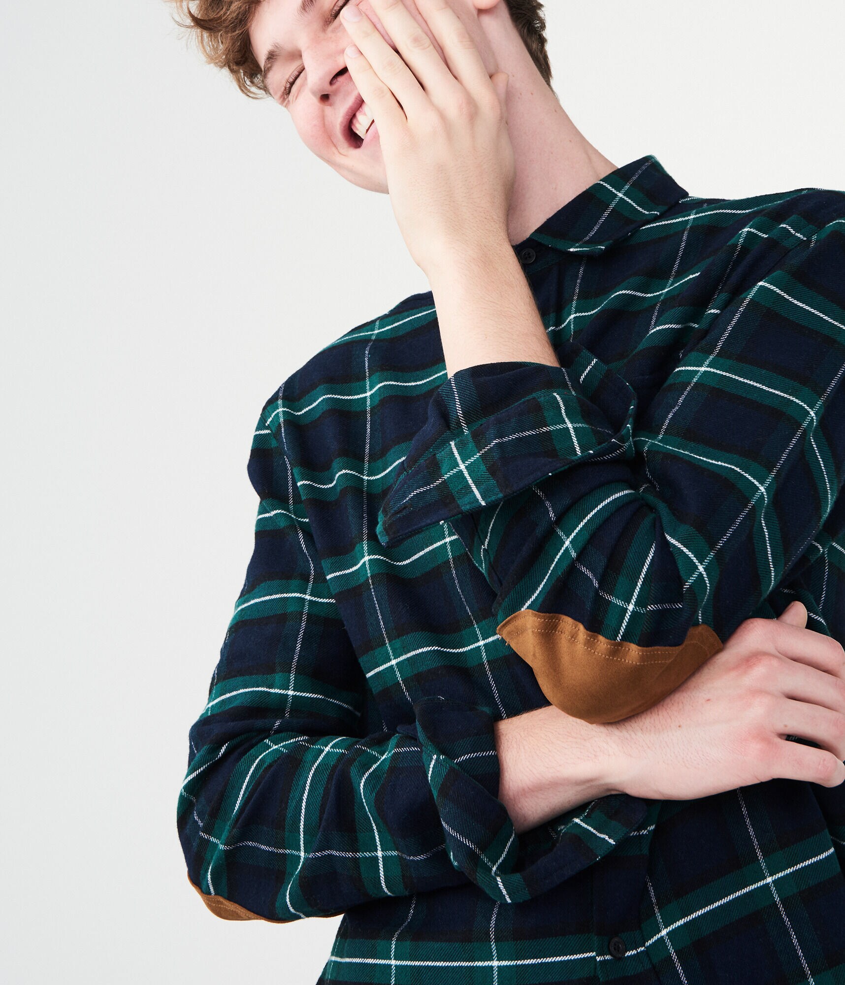 Long Sleeve Plaid Elbow Patch Woven Shirt