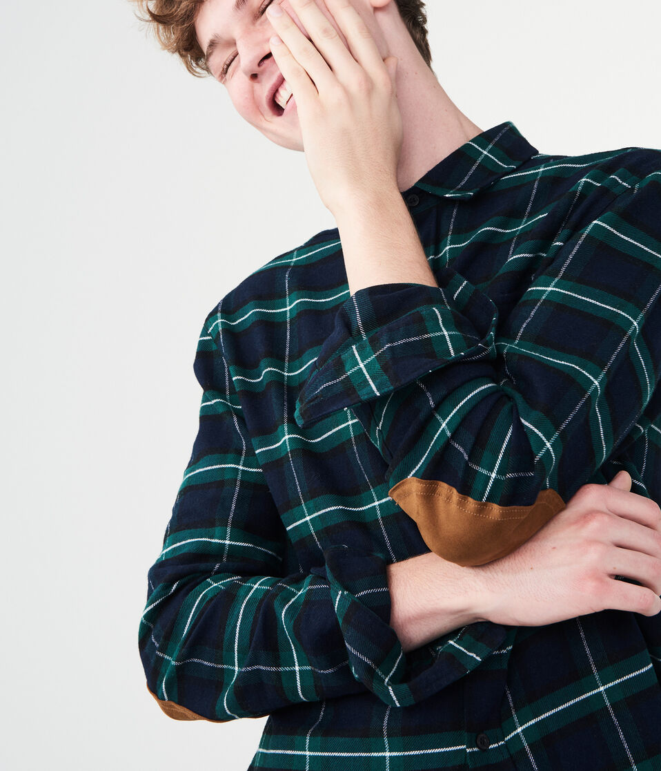 Long Sleeve Plaid Elbow Patch Woven Shirt