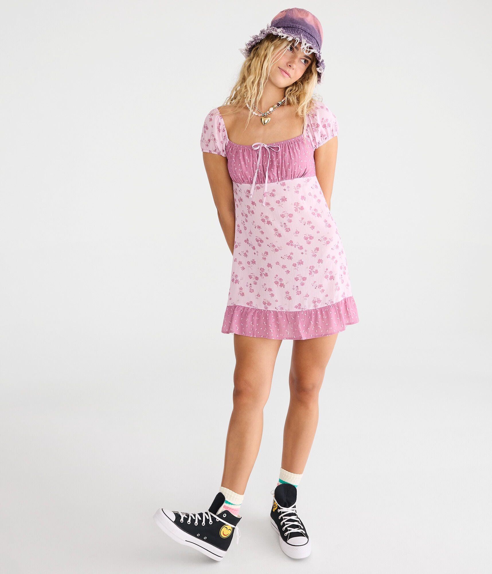 Mixed Print Scoop-Neck Mini Dress
