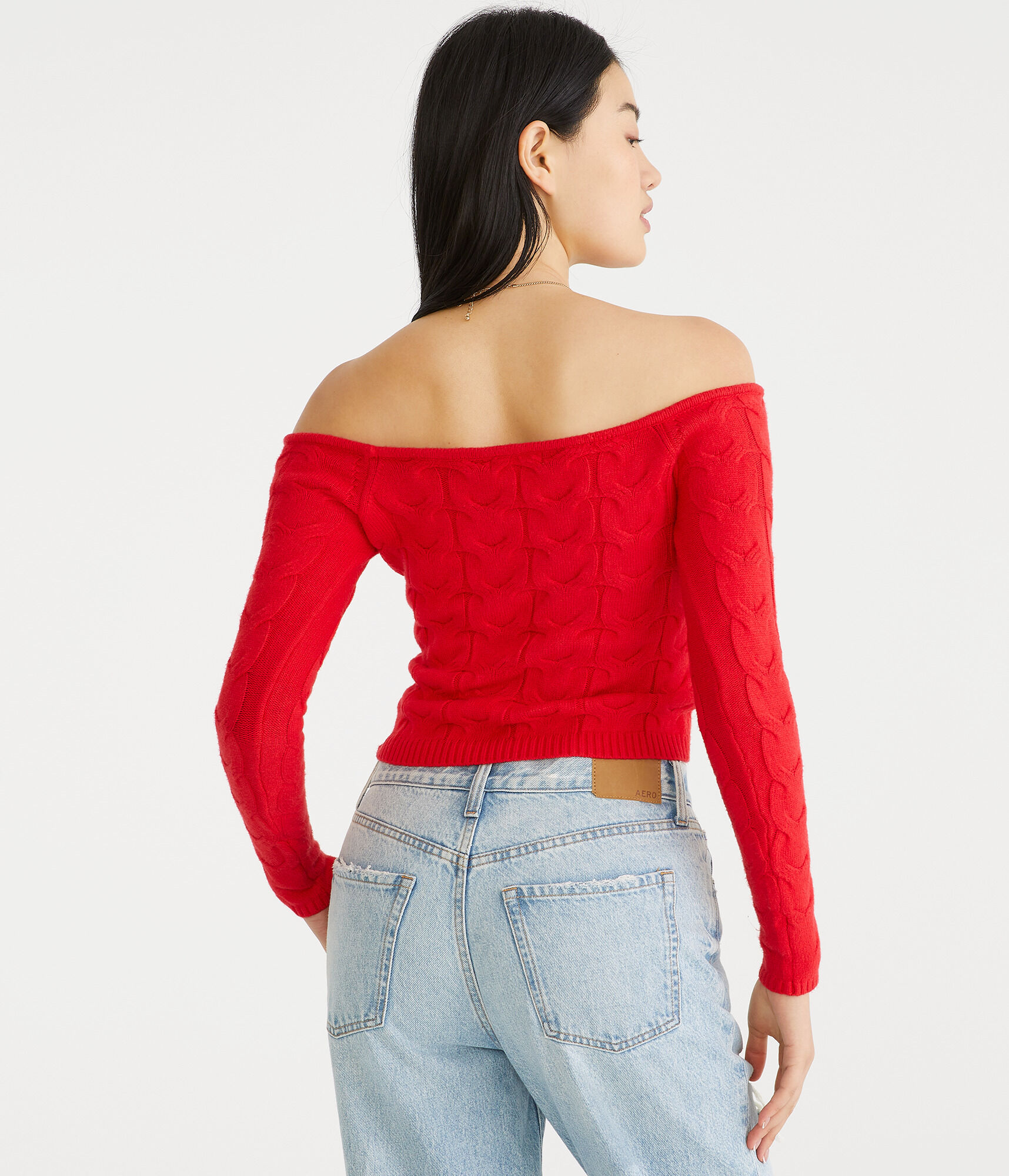 Cable Cropped Off-The-Shoulder Sweater