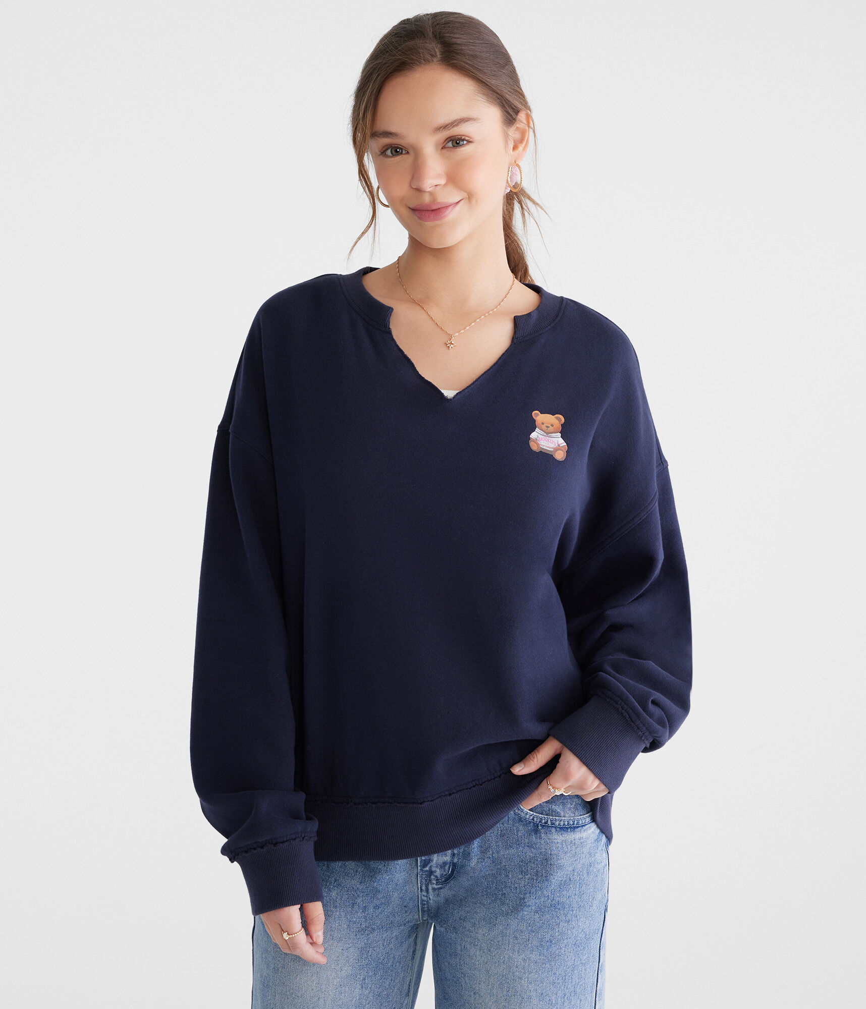 Teddy Bear Notch-Neck Sweatshirt