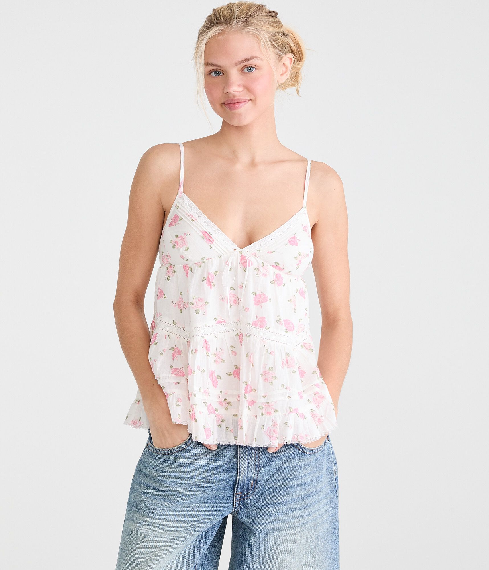 Floral Pleated V-Neck Babydoll Cami