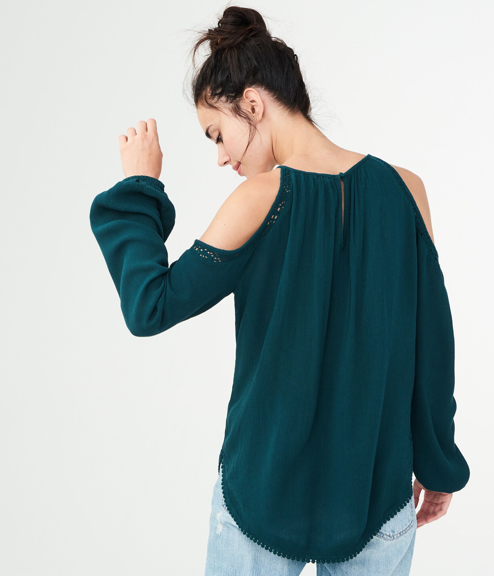 Long Sleeve Lace-Trim Cold-Shoulder Top