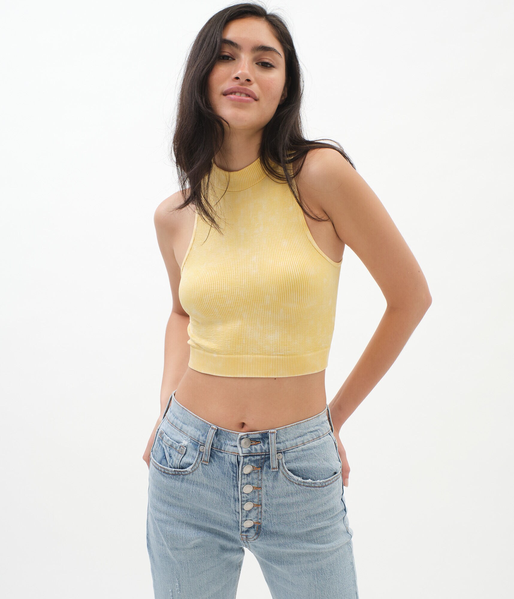 Seamless Acid Wash Mock-Neck Crop Top