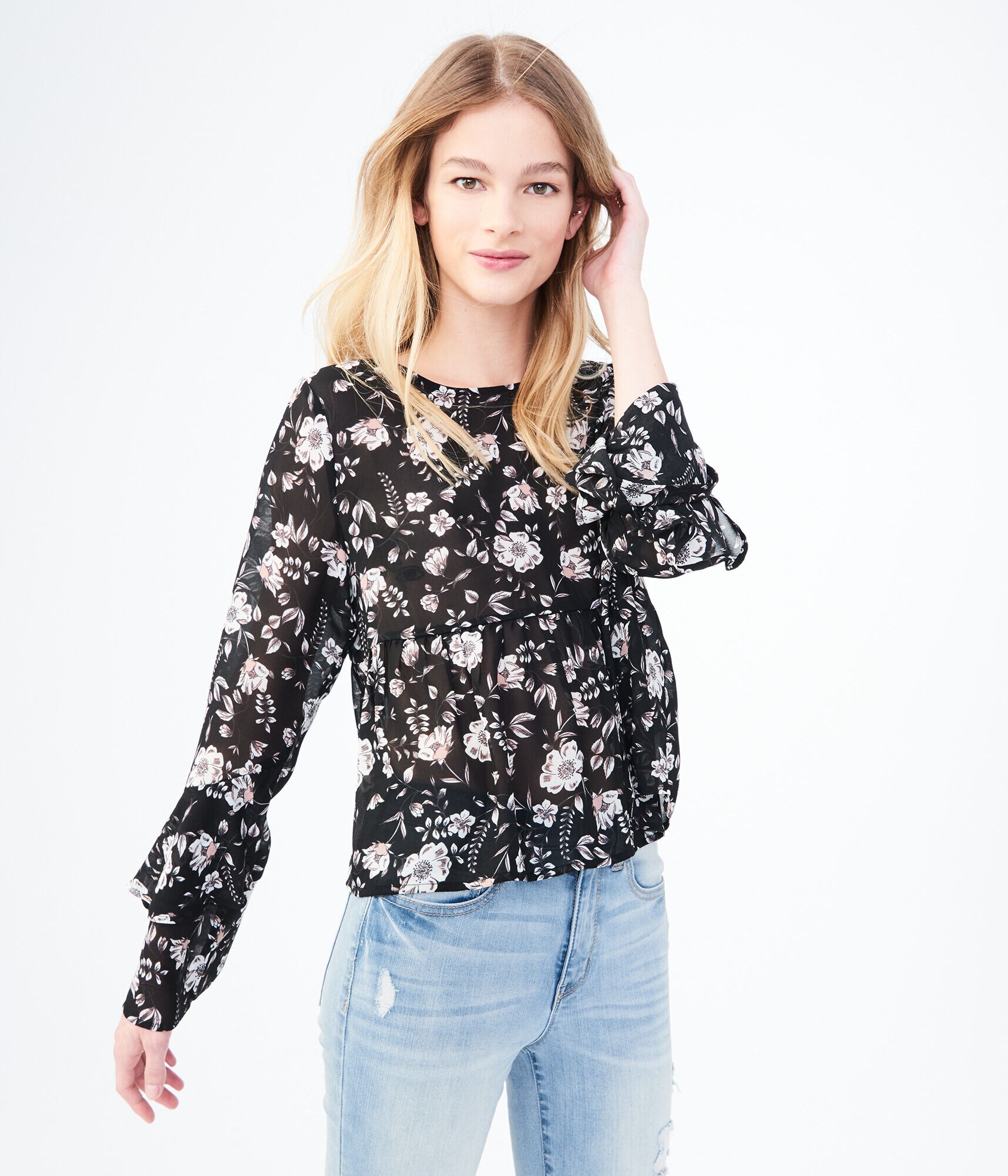 Long Bell Sleeve Floral Ruffle Top