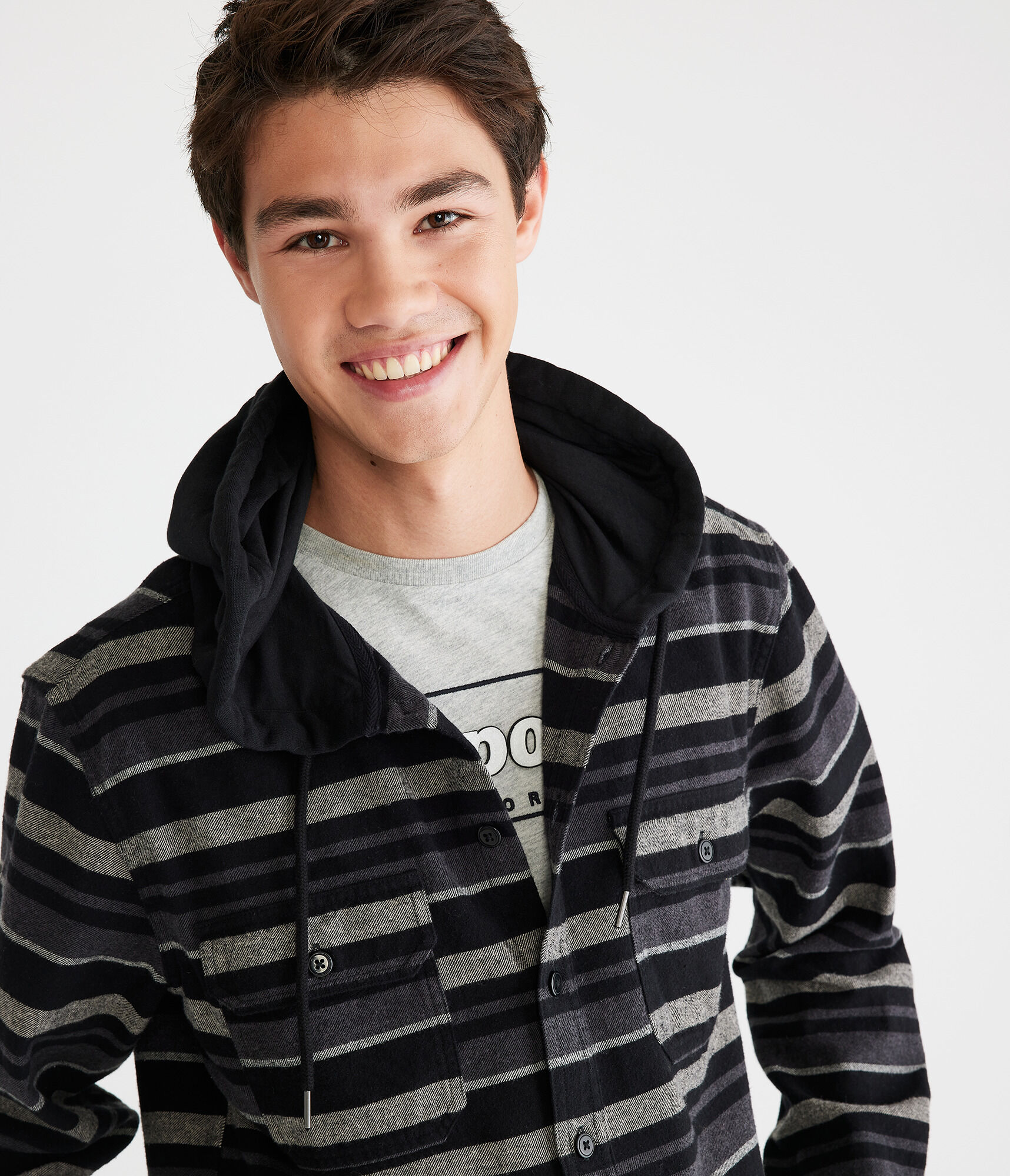 Long Sleeve Striped Hooded Flannel Shirt