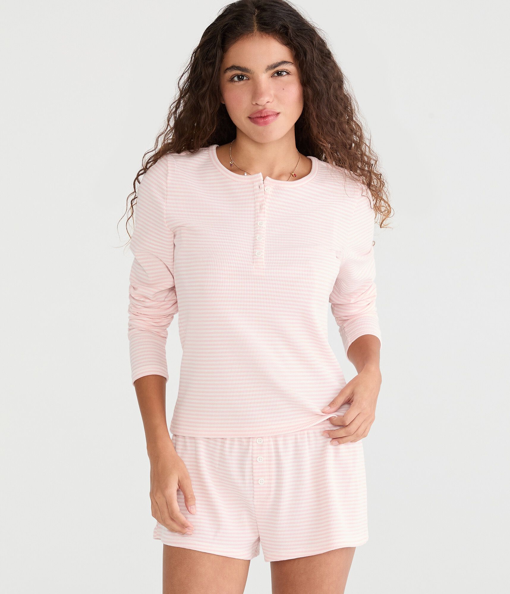 Long Sleeve Striped Waffle Henley Sleep Tee