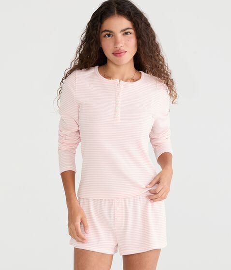 Long Sleeve Striped Waffle Henley Sleep Tee Long Sleeve Striped Waffle Henley Sleep Tee