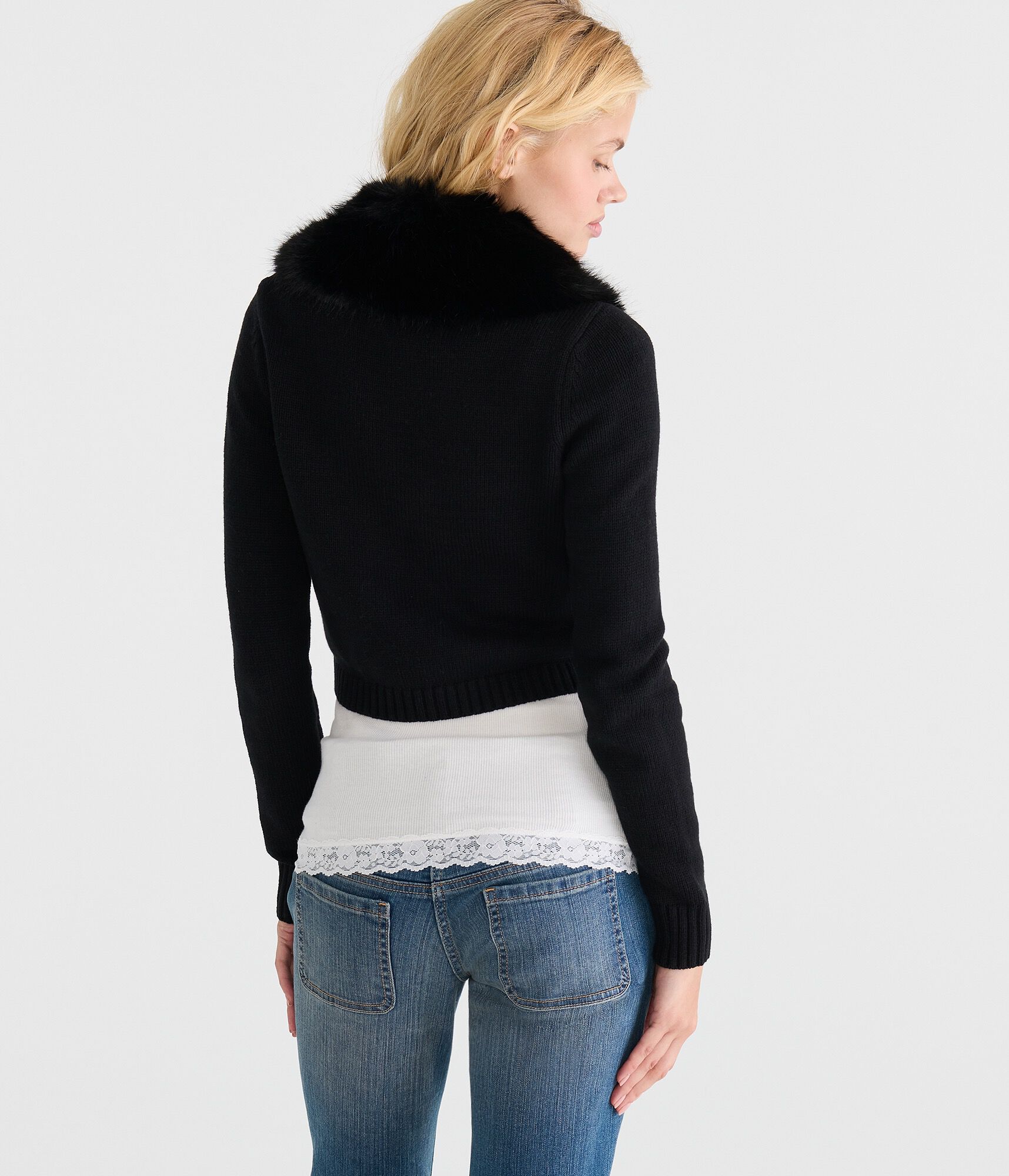 Long Sleeve Faux Fur-Trimmed Sweater Shrug