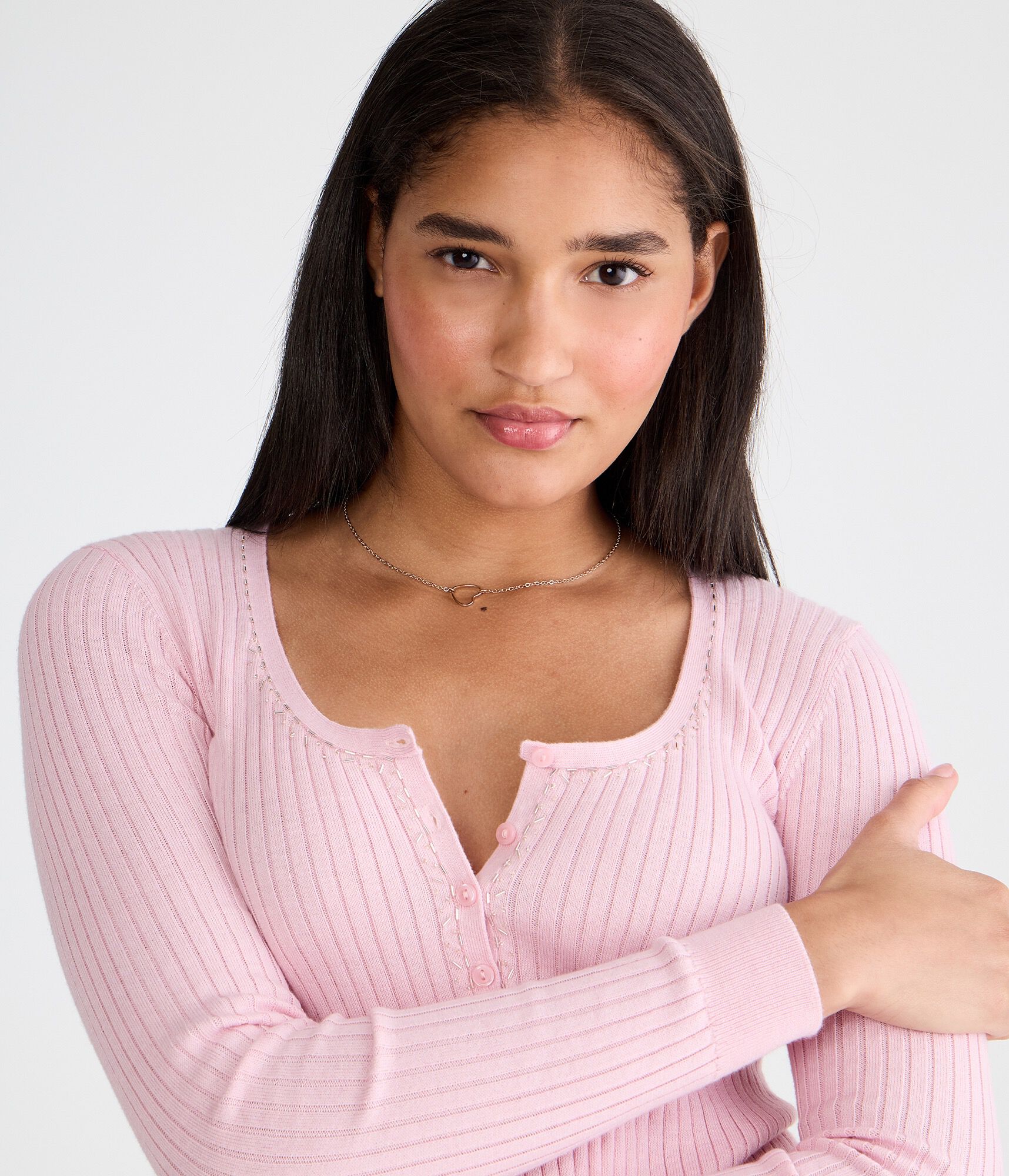 Beaded Ribbed Henley Sweater